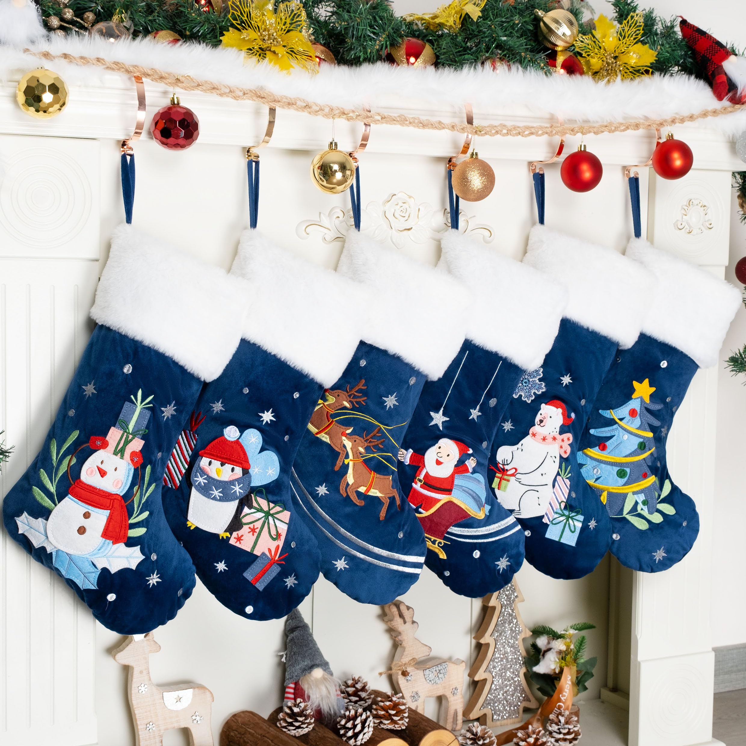 LUBOT Juego de 6 medias de Navidad (20 pulgadas), calcetines familiares azules grandes bordados de franela con piel sintética suave para colgar en la chimenea, decoraciones navideñas, paquete de 6
