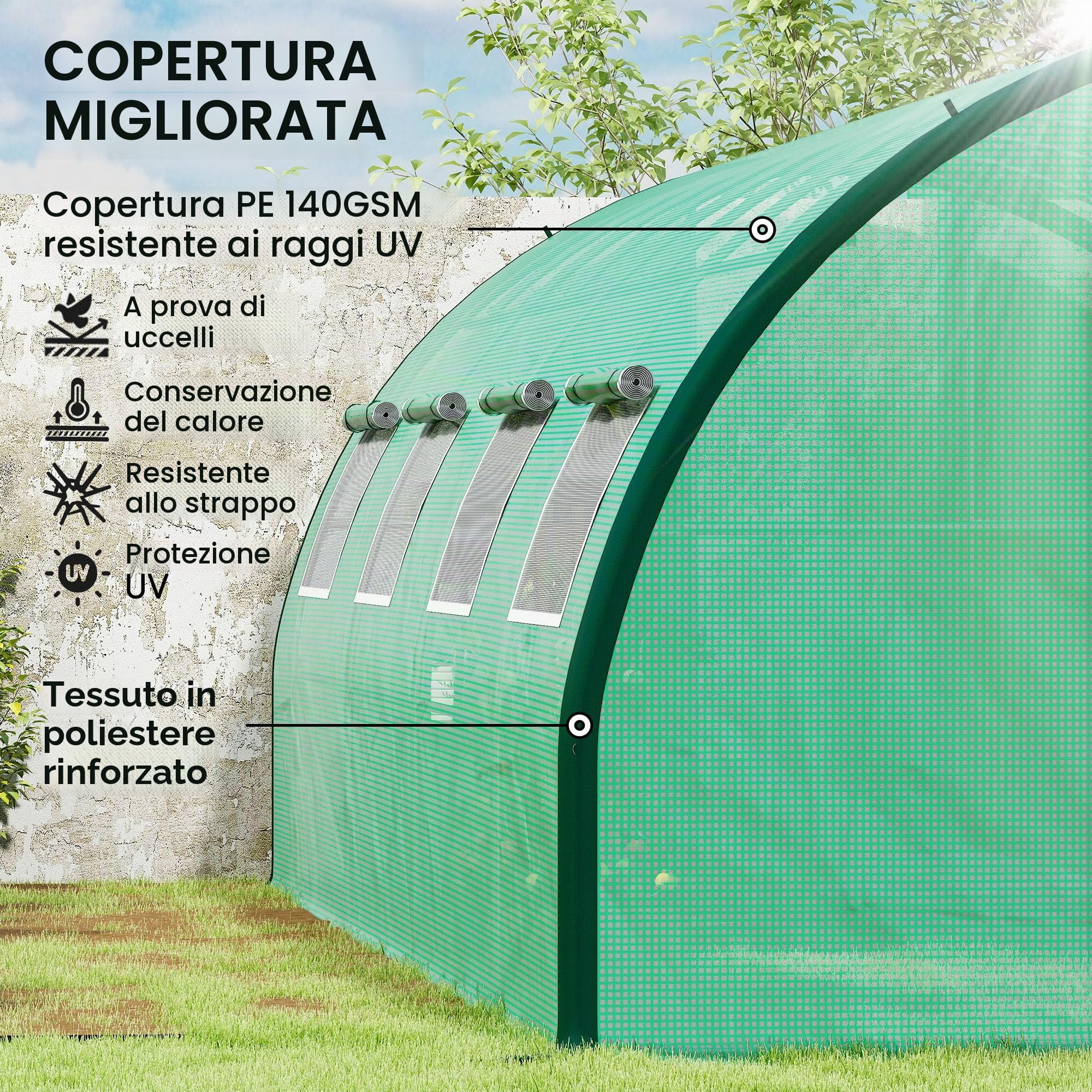 Serra a Tunnel Outsunny, Serra a Tunnel di 18 m², con 8 finestre e 2 Porte a Battente, Tessuto PE, Struttura in Ferro zincato, Verde