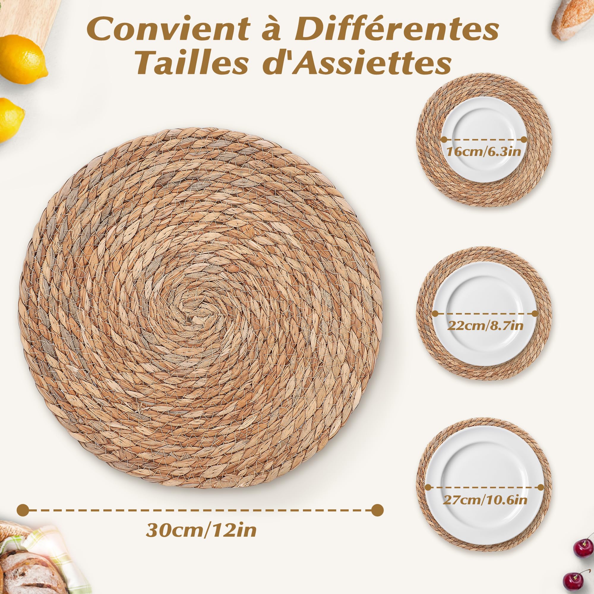12PCS Sets de Table Ronds Tressés, 30cm Napperon Style Boho Antidérapant | Sets de Table Résistant à la Chaleur, Sous-Verres Tissé, Tapis de Table de Cuisine et Comptoir, Repas en Famille, Vacances