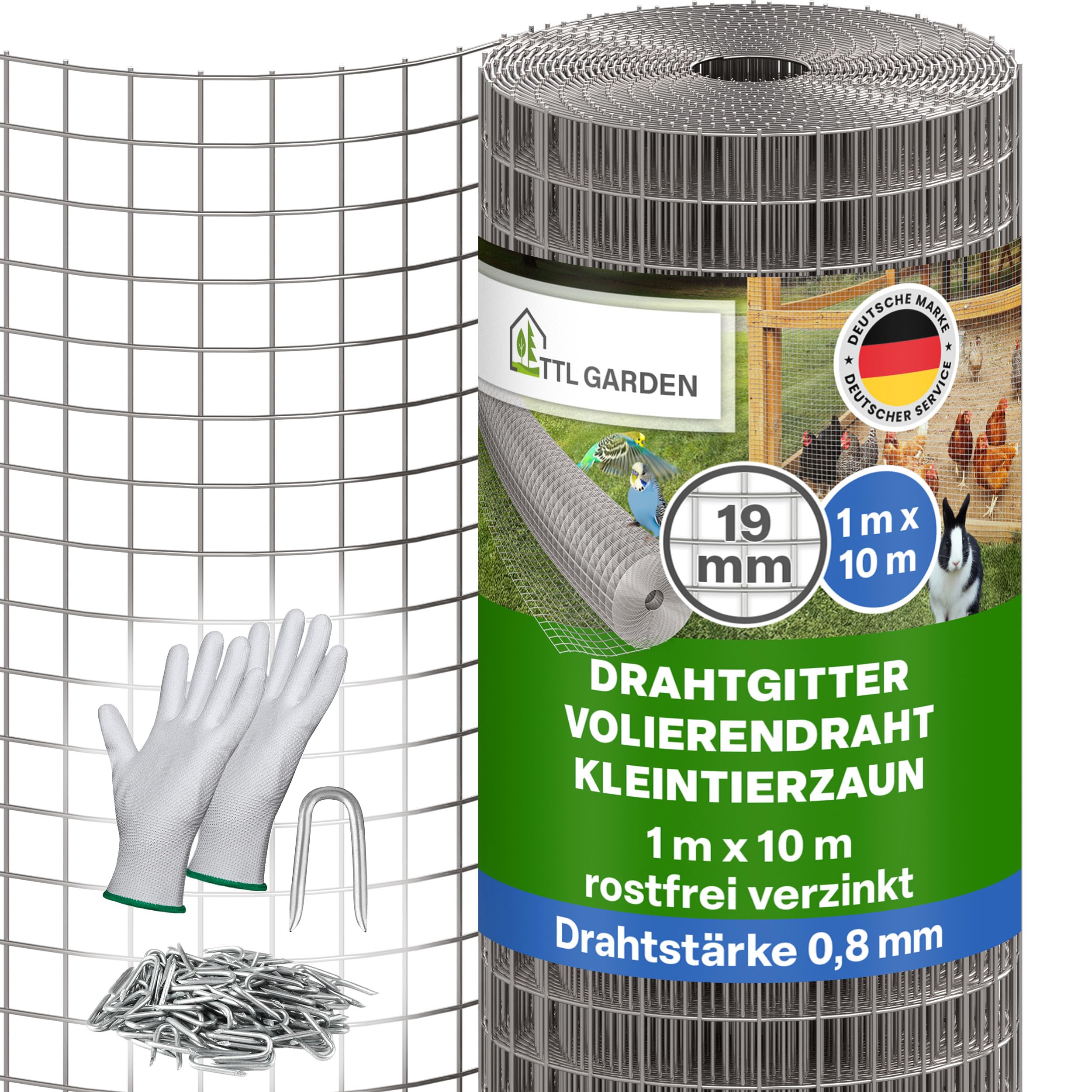 TTL GARDEN 1x10m Drahtgitter 19mm Masche 0,80mm Draht auf Rolle - feinmaschig rostfrei verzinkt Stärke 19 mm Maschenweite Volierendraht Maschendraht Hasendraht Wühlmausgitter 10m x 1m breit