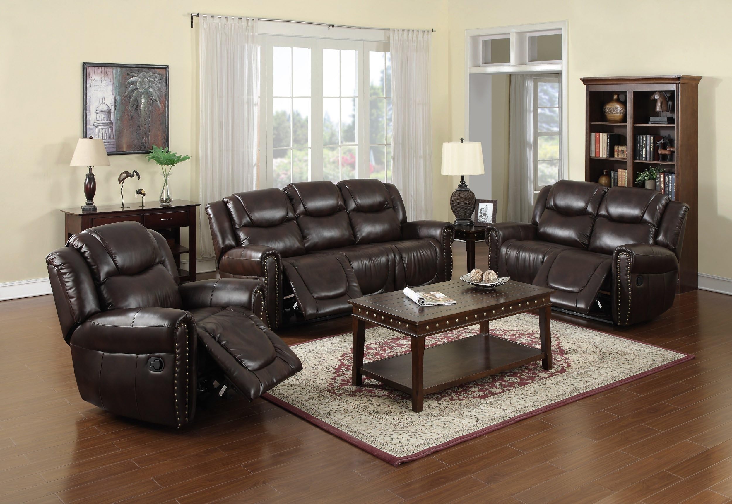 Stanford Bonded Leather Reclining 3-Piece Sofa Set with 5 Recliners and Reclining Chair, Brown.