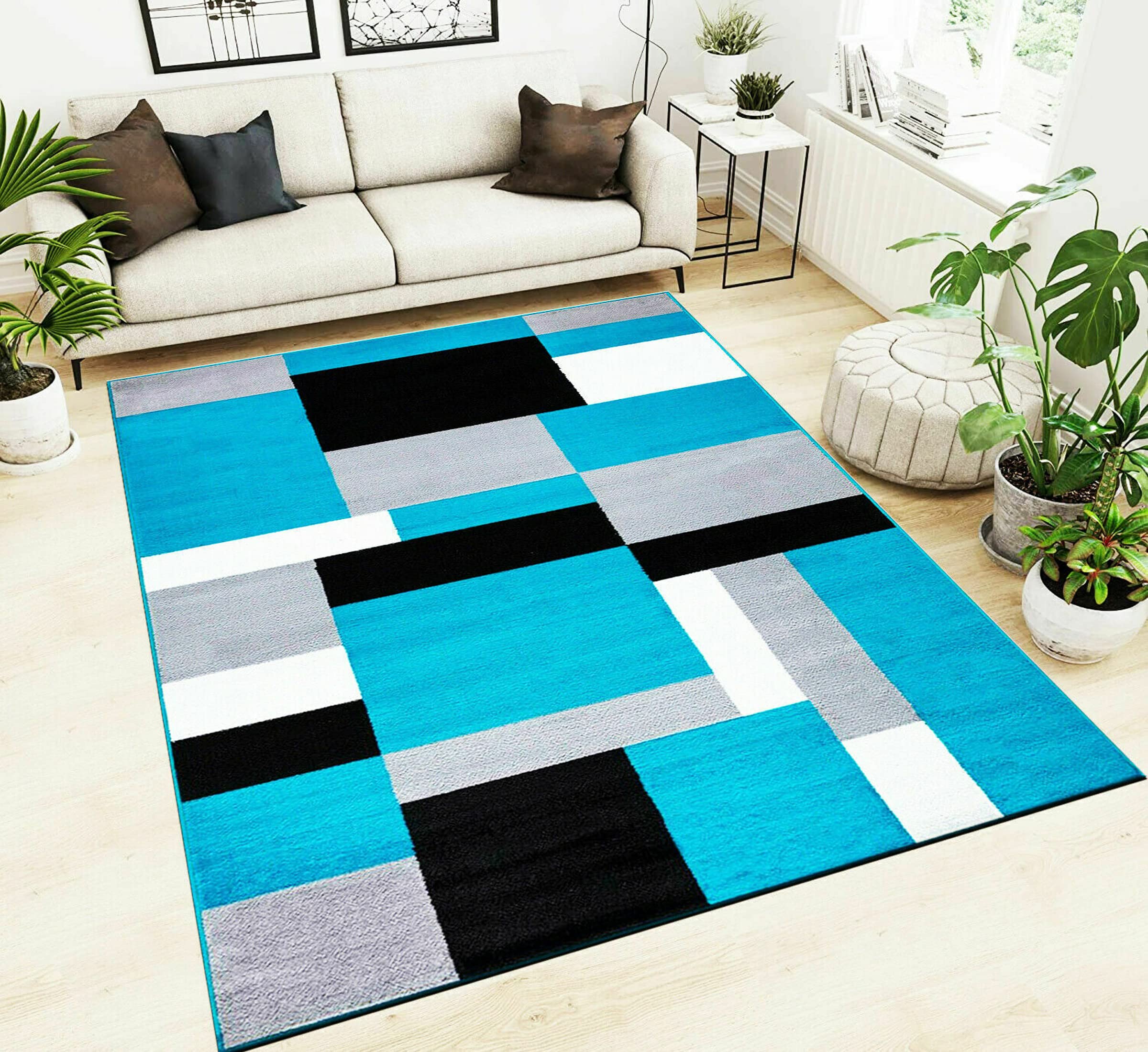 Kilas Rug, Polypropylene, New Modern Home Décor, Geometric, Multi-Coloured, Shaggy and Comfy, Anti-Skid Rug, Carpet, Runner For Large and Small Living Room (Teal-Black, 60x110)