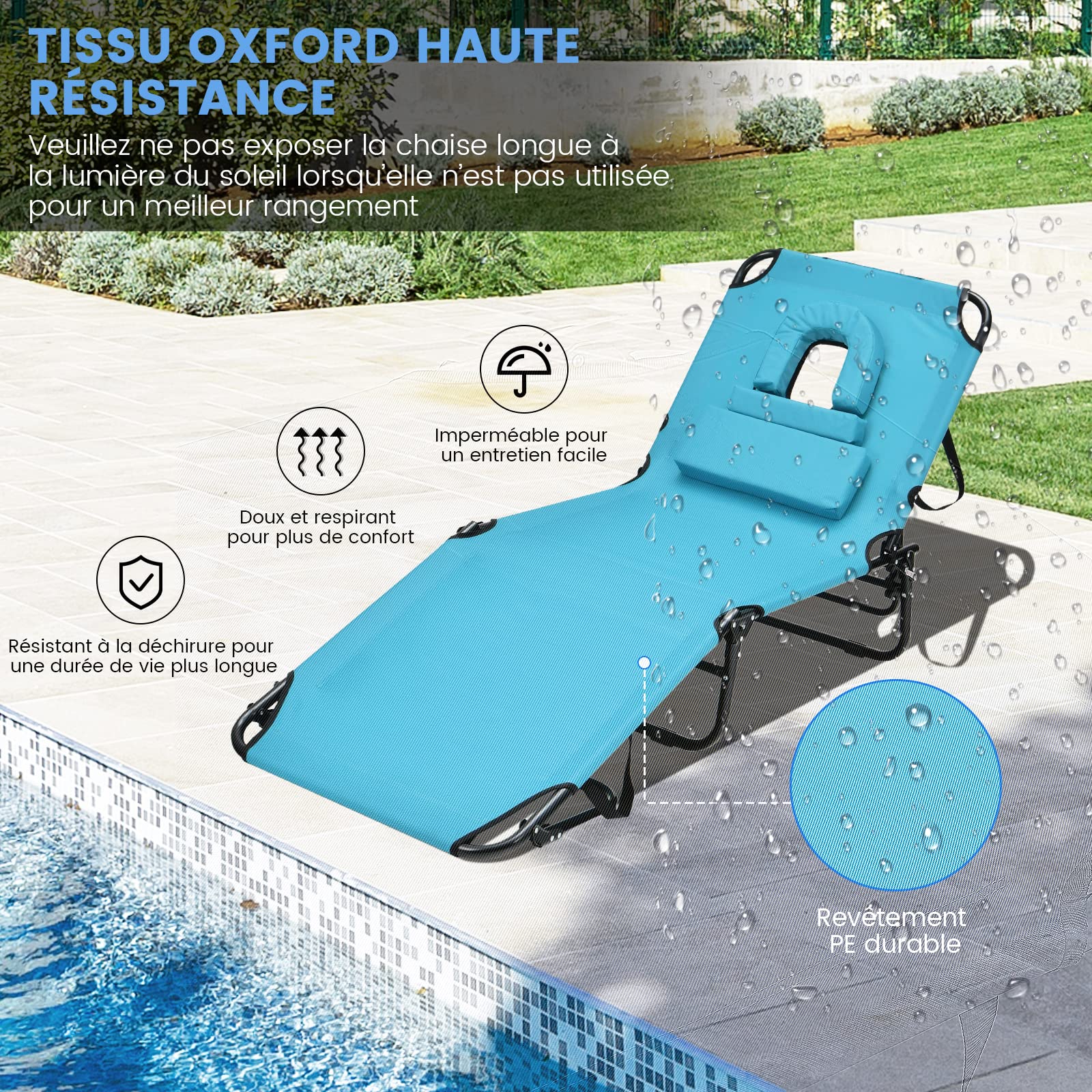 COSTWAY Chaise Longue Pliante, Bain de Soleil Réglable à 5 Positions, Charge 150kg, Trou pour Visage, 3 Coussins Amovible, Tissu Oxford, Sangle, Transat Jardin Exterieur pour Plage Piscine(Turquoise)