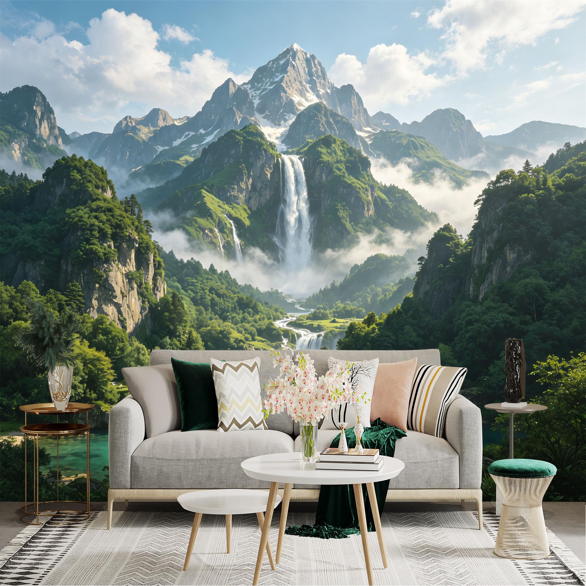 Custom Size Wall Sticker Mural， Majestic Mountain Waterfall， Misty Alpine Lake， Lush Green Forest Scenery， Natural Landscape View， for wall Decoration， peelandstick wall Decals.