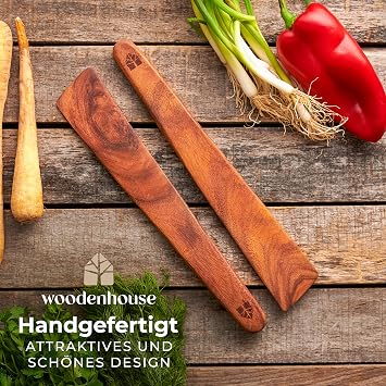 Wooden Spatula Set of 2 Teak Wood Scraper 30.5 cm Scratch free on non-stick stainless steel and cast iron; BPA free durable and easy to clean by hand