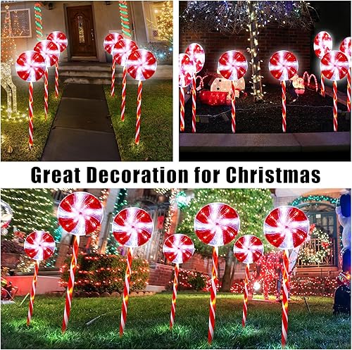 Miniatura 5 de Paquete de 9 luces de Navidad para caminos al aire libre de 24 pulgadas, luces de menta con bastón de caramelo, 8 modos, luces de decoración de