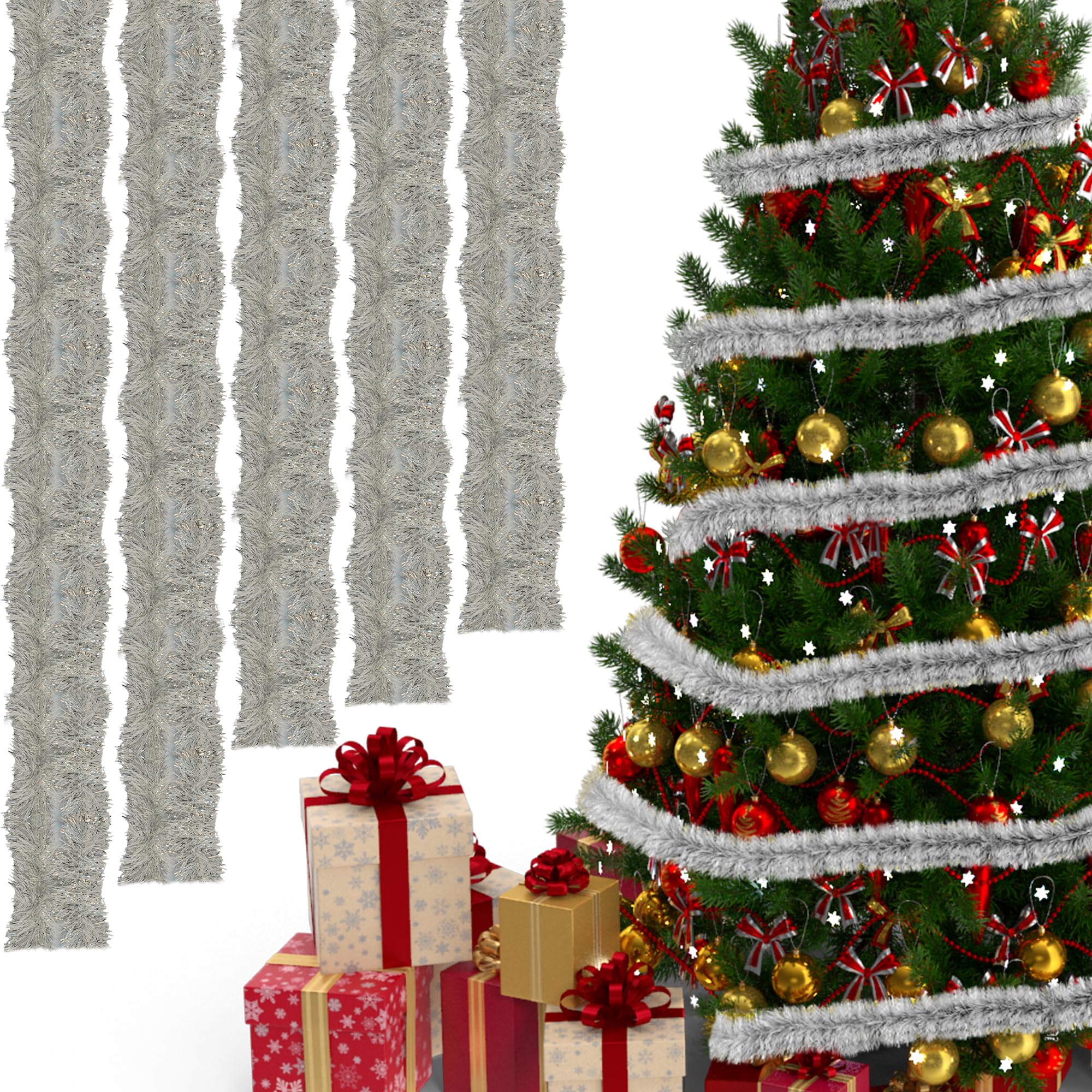 Trimming Shop 10M Silver with White Christmas Tinsel Garland Shiny Metallic Fine Foil Twist Xmas Tree Garland for Festive Party, Holiday Celebration, Hanging Decorations Indoor & Outdoor