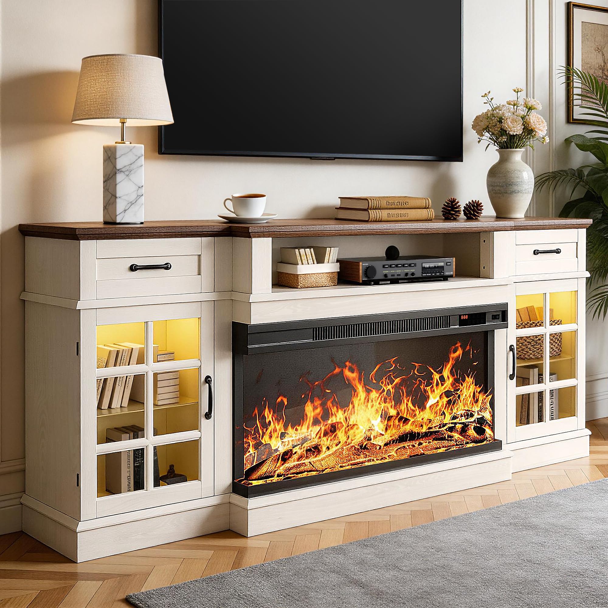 Photo 1 of MXV 70" Fireplace TV Stand, 3-Sided Glass Fireplace and Modern Entertainment Center, Wooden Media Console with Glass Doors & Storage Drawers, LED Light, for Living Room, White
