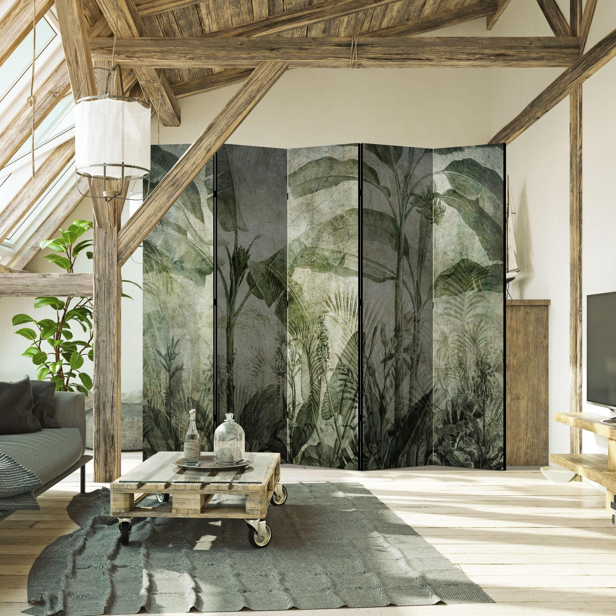 Separe Divisorio Interno Monofacciale - Paravento da Interno 5 Pannelli Divisorio per Ambienti - Divisori per Interni con Motivo Jungle - 225x172 cm