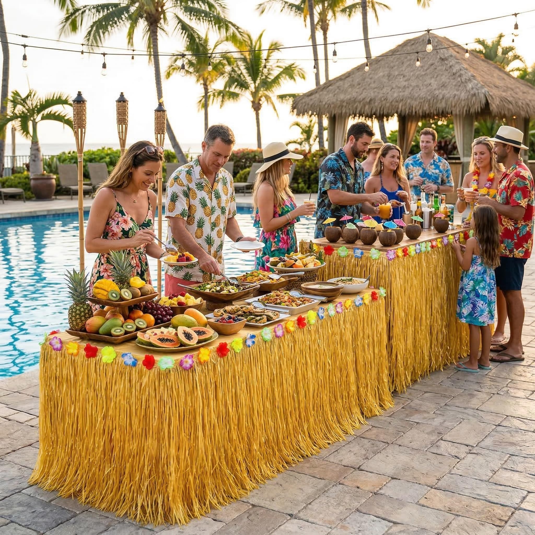 Set di 2 Tovaglie in Stile Hawaiano – 276 x 75 cm, Tovaglie di Paglia per Decorazioni Tropicali con Nastro Adesivo e Anelli Decorativi, Perfette per Feste a Tema Luau, Estive e da Spiaggia