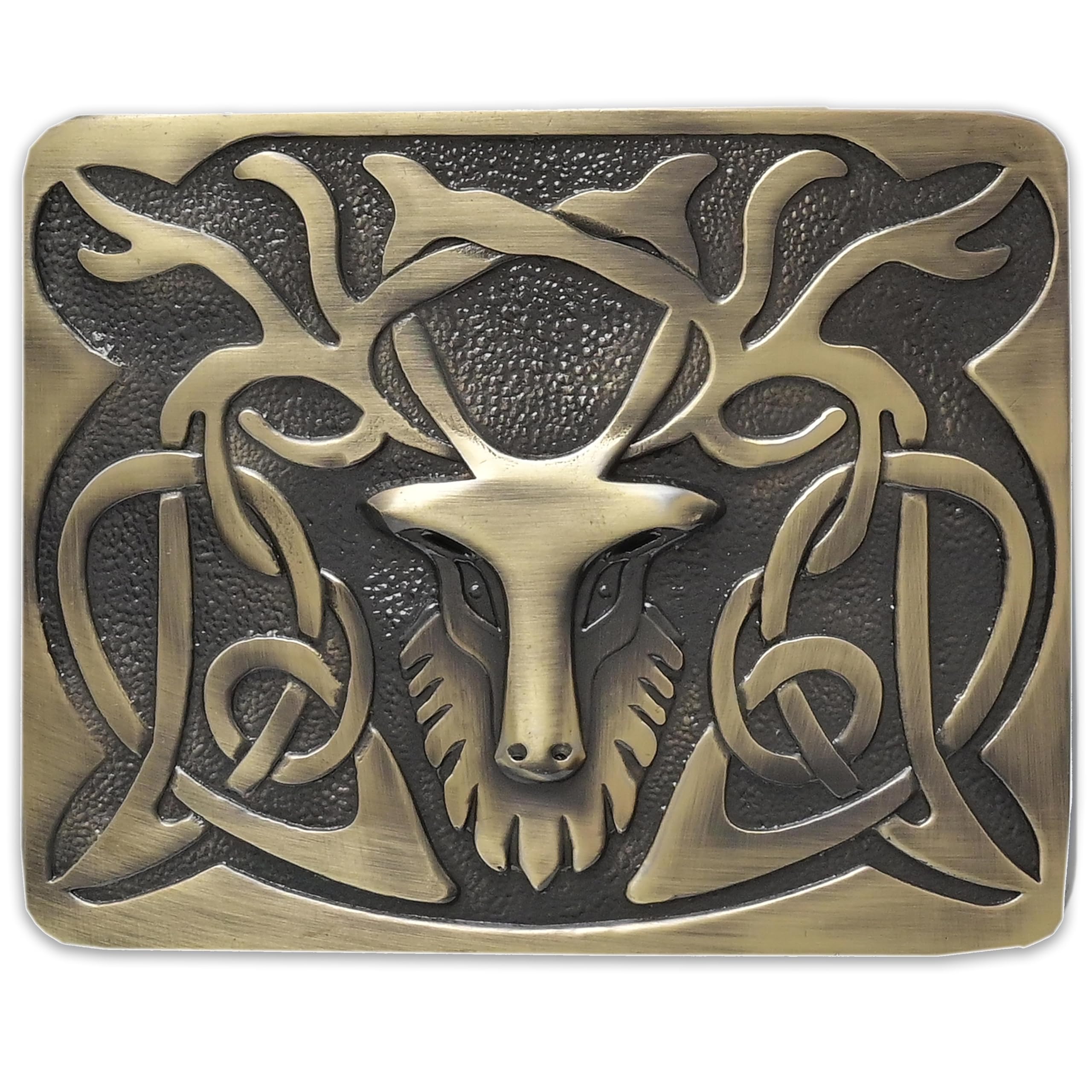 Scottish Stag Head Kilt Belt Buckle Antique Silver Finish - Traditional Highland Celtic Accessory For Men - Made of Pewter (Brass Antique Finish)