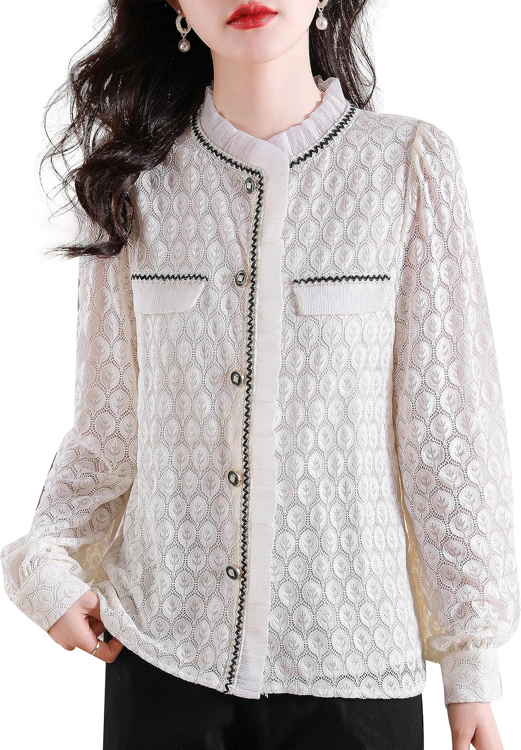 LAI MENG FIVE CATS Women's Vintage Lace Puff Sleeve Mini Dress - Mock Neck, Ruffled Hem, Loose Fit