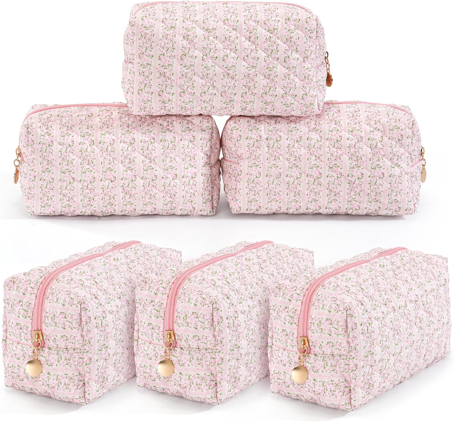 6PCS Makeup Bag Travel Toiletry Bag for Women, Small Cosmetic Bags Aesthetic Organizer Quilted Cotton Makeup Pouch & Purse Emergency Bag Floral Pencil Case Accessory Bag, Pastel Pink