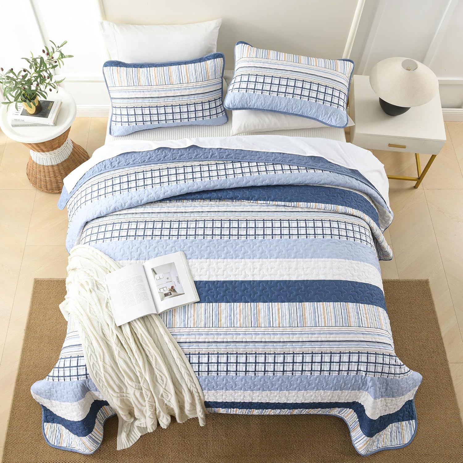 DJY Navy Blue Striped Quilt Queen Size, Boho Blue Tan Striped Bedspread Coverlet Set Soft Microfiber Bohemian Patchwork Quilt Bedding Set 3 Pieces for All Season - Image 3
