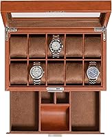 Rothwell 10-Slot Luxury Leather Watch Box with Valet Drawer, Glass Top Display & Microsuede Liner - Tan/Brown Organizer for Watches, Jewelry, Sunglasses