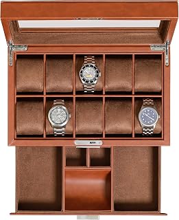 Rothwell 10-Slot Luxury Leather Watch Box with Valet Drawer, Glass Top Display & Microsuede Liner - Tan/Brown Organizer for Watches, Jewelry, Sunglasses