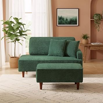 GDFStudio Upholstered Chaise Lounge Chair Indoor with Ottoman, Boucle Fabric Chaise Chair with 2 Throw Pillows and Solid Wood Legs, Recliner Lounge Chair for Office Living Room Bedroom, Green