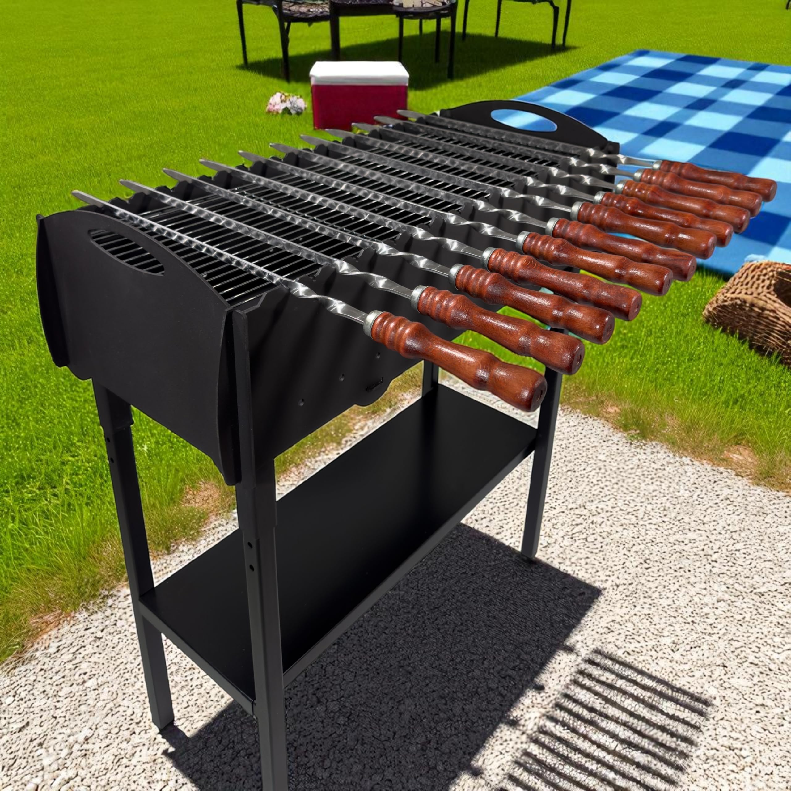 Set mit 10 Schaschlikspieße aus Edelstahl – 62 cm lange Grillspieße mit Holzgriff, rostfrei & stabil, wiederverwendbar, BBQ Spießset für Holzkohlegrill, Kebab, Gemüse & Fleisch