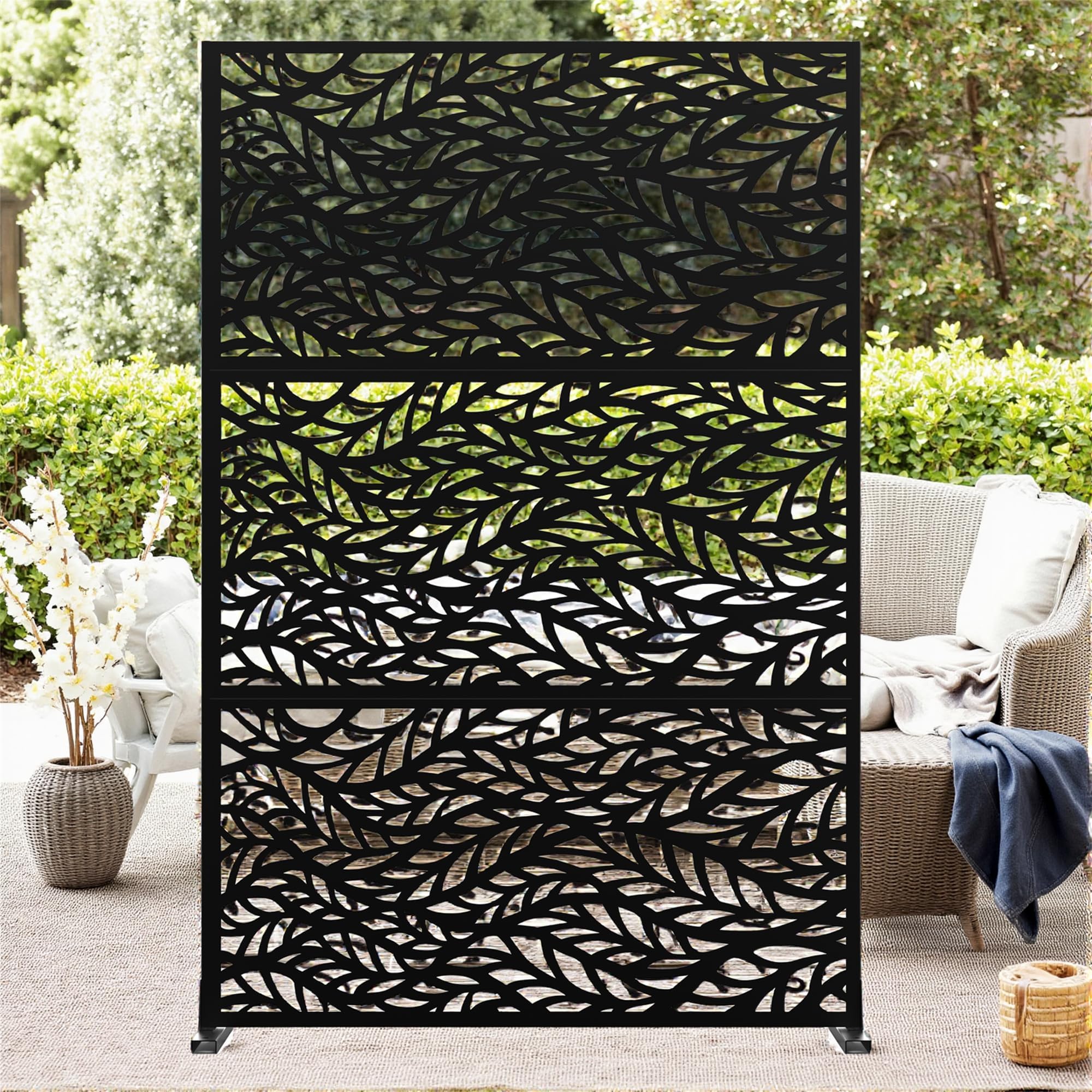 Decorative Garden Privacy Screen with Stand, 183x120cm/6FT Large Freestanding Metal Outdoor Divider, Decorative Privacy Panel with Expansion Screws for Garden Pool Hot Tub, Willow Branch Style, Black