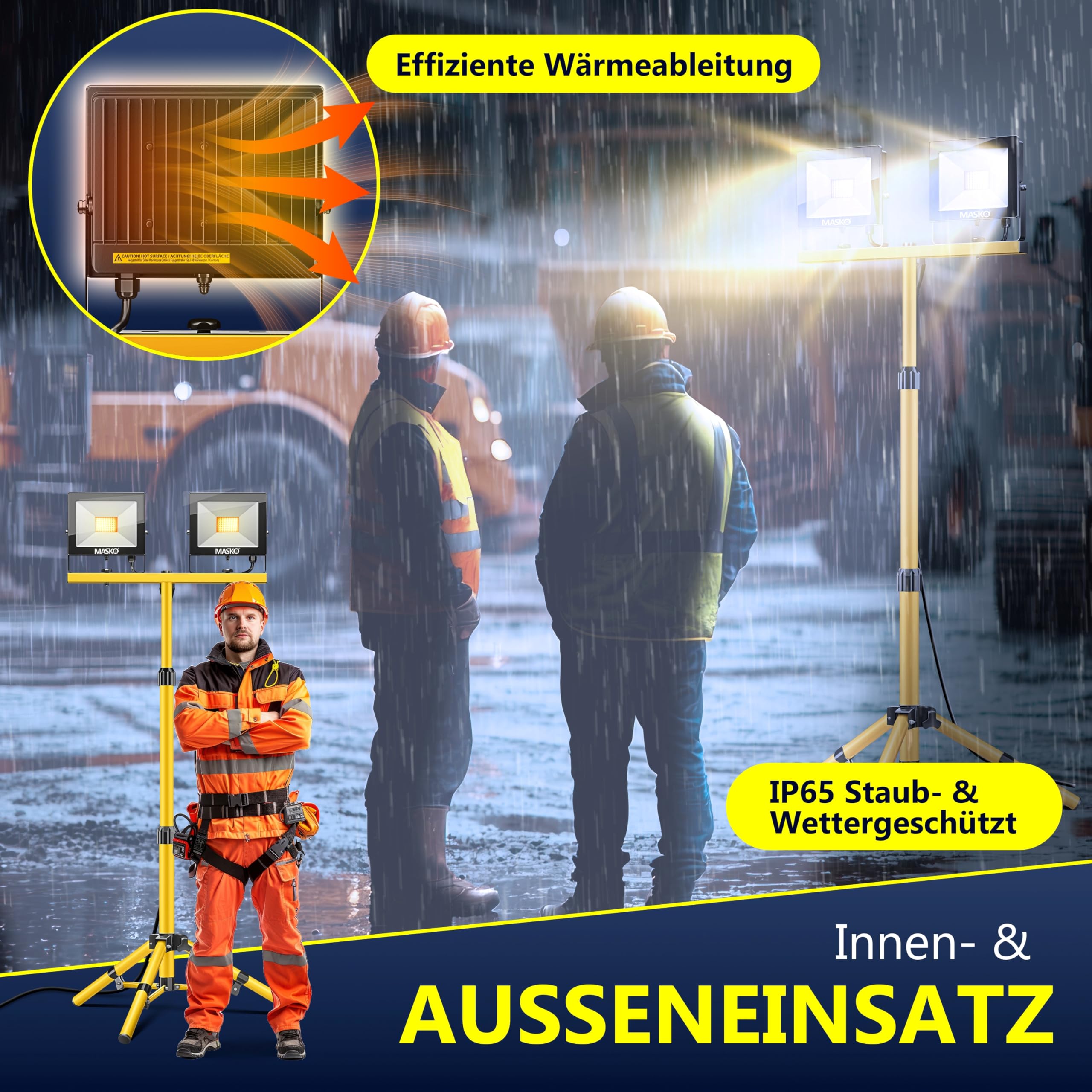 MASKO® LED Baustrahler 8000 Lumen Doppel 2x50W mit Stativ & Fernbedienung Arbeitsleuchte 72LEDs Arbeitsscheinwerfer 360° Drehbar IP65 Bauscheinwerfer 5m Kabel Baustellenlampe höhenverstellbar 86-202cm