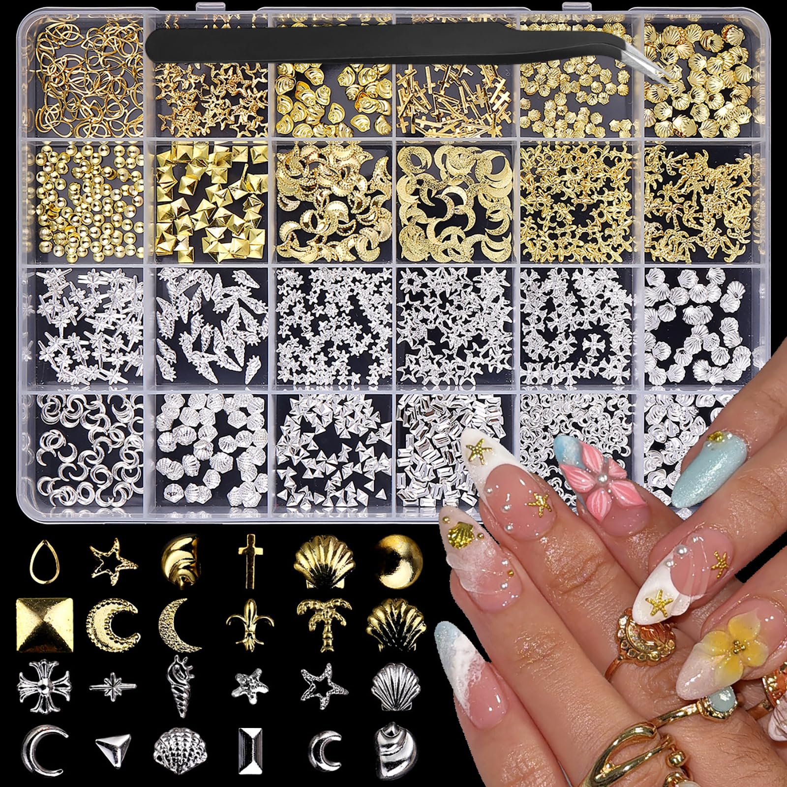 1 scatola oro argento ciondoli per unghie 3D in lega fiore gemme per unghie in metallo luna stella gioielli per unghie multi-forme oceano spiaggia stella marina conchiglia forniture per nail art con