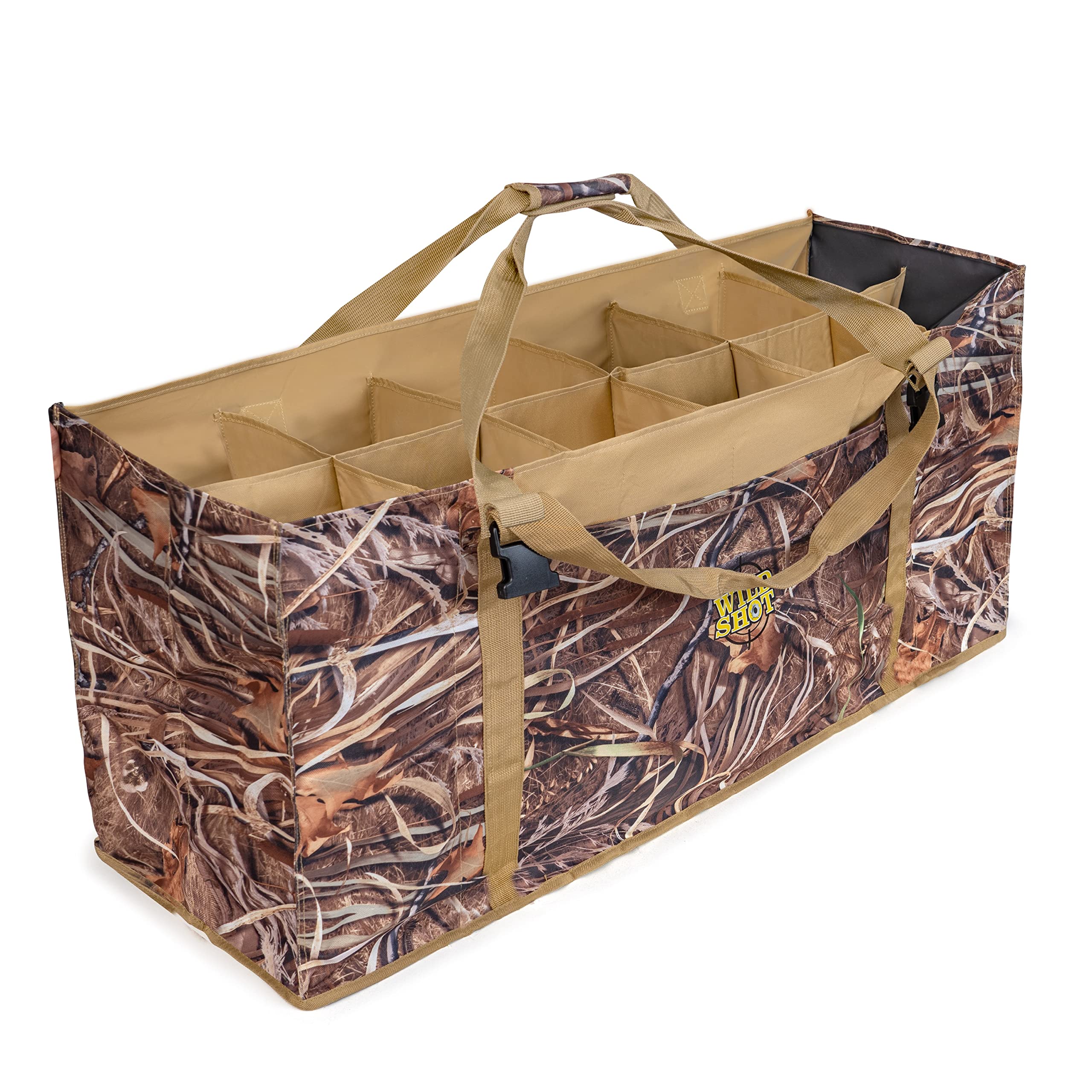MaxamWild Shot 42" 12 Slot Duck Decoy Bag - Adjustable Shoulder Straps, Webbing Handle, Large Side Pocket, Dirt/Water Mesh Drain - Camo Print Gear Carrier for Hunting Waterfowl, Geese - 42x14x19