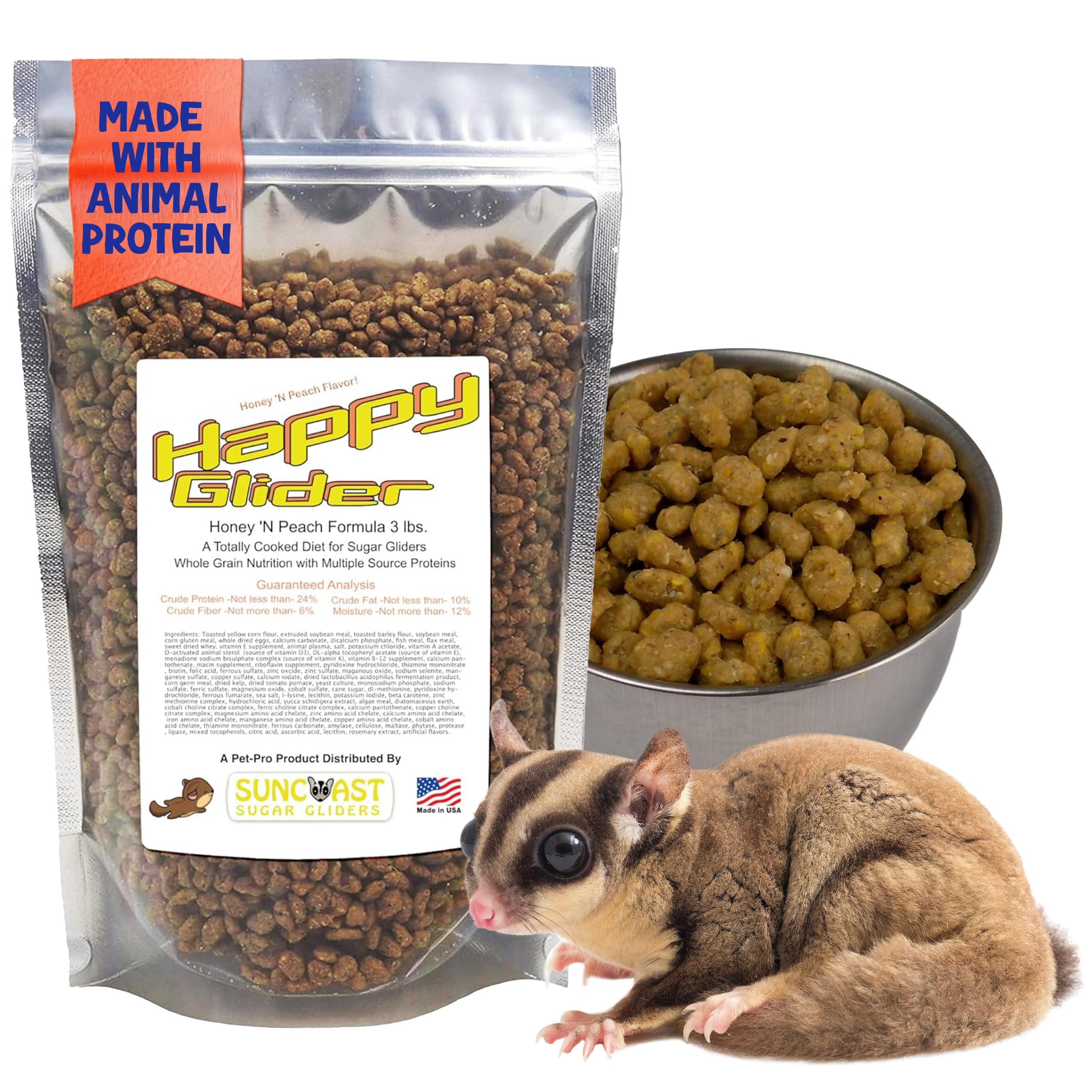 Happy Glider Premium Sugar Glider Food - High Protein, Calcium, Vitamins & Minerals, Complete Nutrition for Small Animals & Exotic Pets, 2 Months Supply - Honey & Peach, 3 lbs