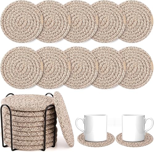 Miniatura 9 de OIAHOMY Juego de posavasos de 10 piezas con soporte, juego de posavasos tejido de algodón bohemio, protección absorbente para varias tazas, ideal