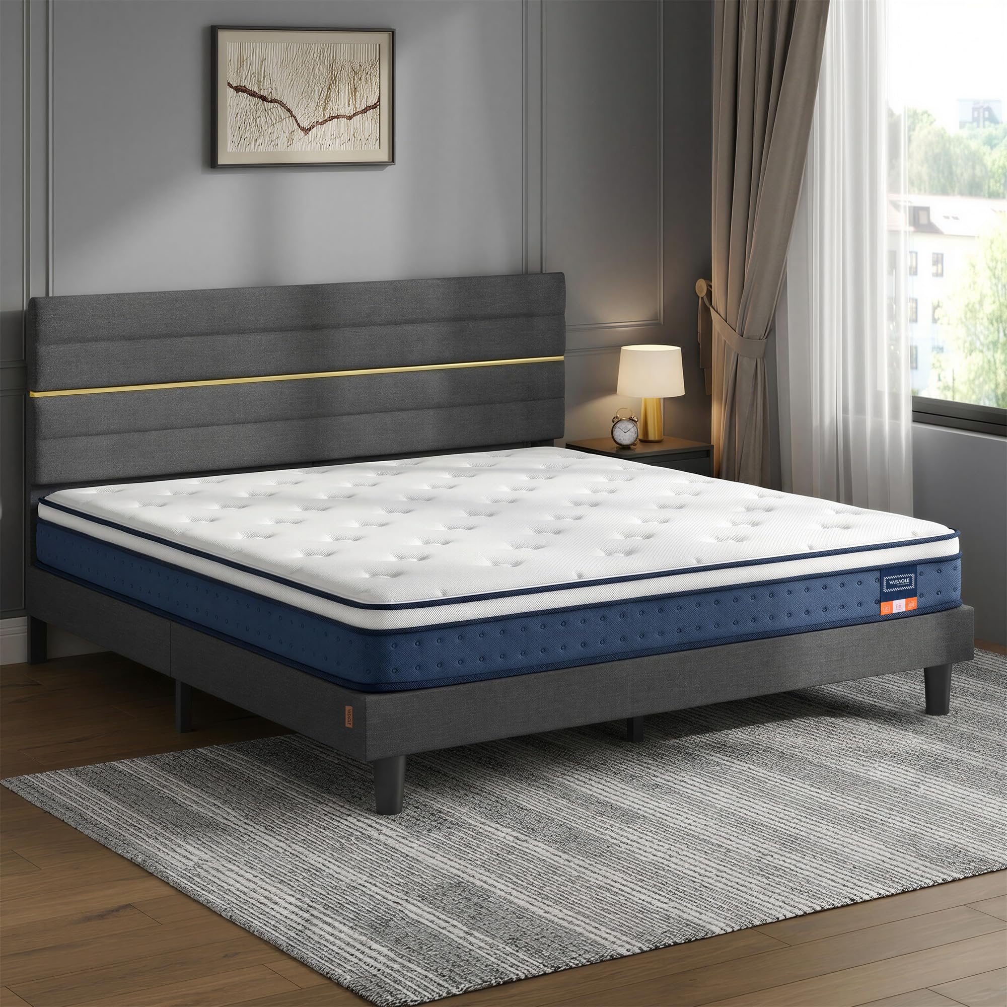 VASAGLE Doppelmatratze mit Bettgestell, 200 x 180 x 20 cm, Gel-Memory-Schaum, mittelfest, 7-Zonen-Unterstützung, verstellbares gepolstertes Kopfteil, blau und schiefergrau RMZ218QZ02-01