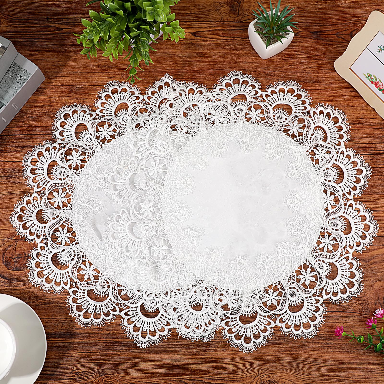 Photo 1 of 2 Pcs Round Lace Place Doilies, Lace Jacquard Round Doily Tablecloth, Linen Embroidered Table Topper, Doily Placemats for Home Decoration, Dresser Scarf, Table Topper (White, 16 Inch)