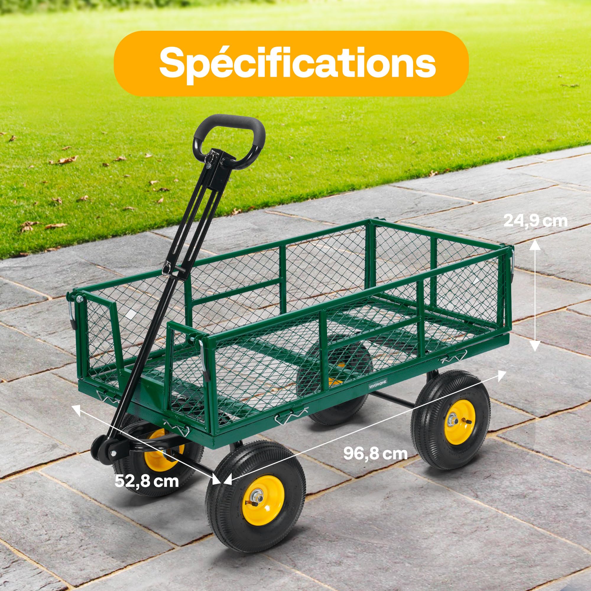 VIVOHOME Chariot de Jardin Capacité de Charge 410kg, Chariot de Transport Tout Terrain avec Pneus 25,4cm et Poignée Convertible, pour Jardinage ou comme Remorque Vert