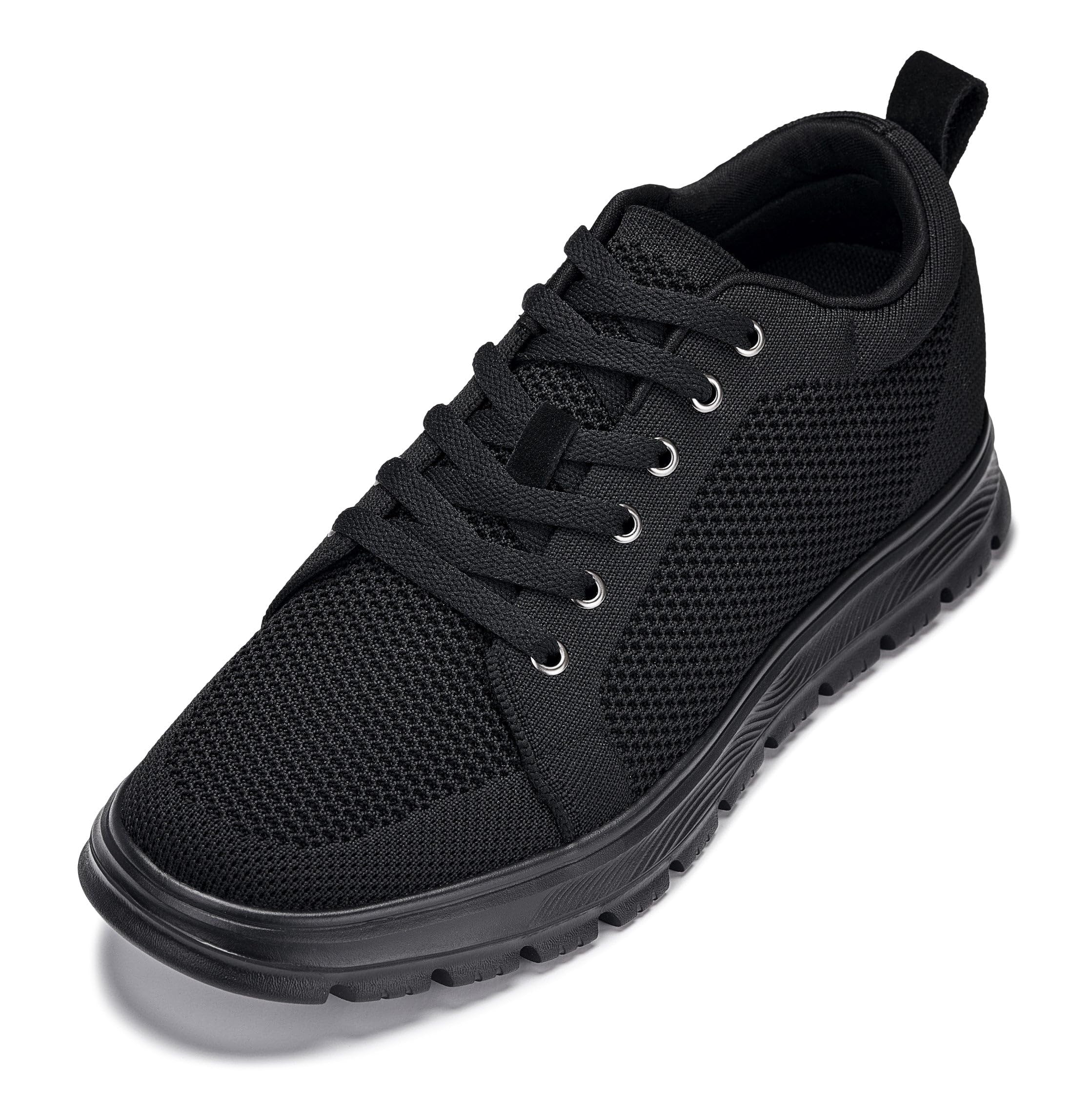 CALTO Men's Invisible Height Increasing Elevator Casual Shoes - Black/Black Sole Light-Weight Lace-up Knitted Casual Sporty Sneakers - 2.4 Inches