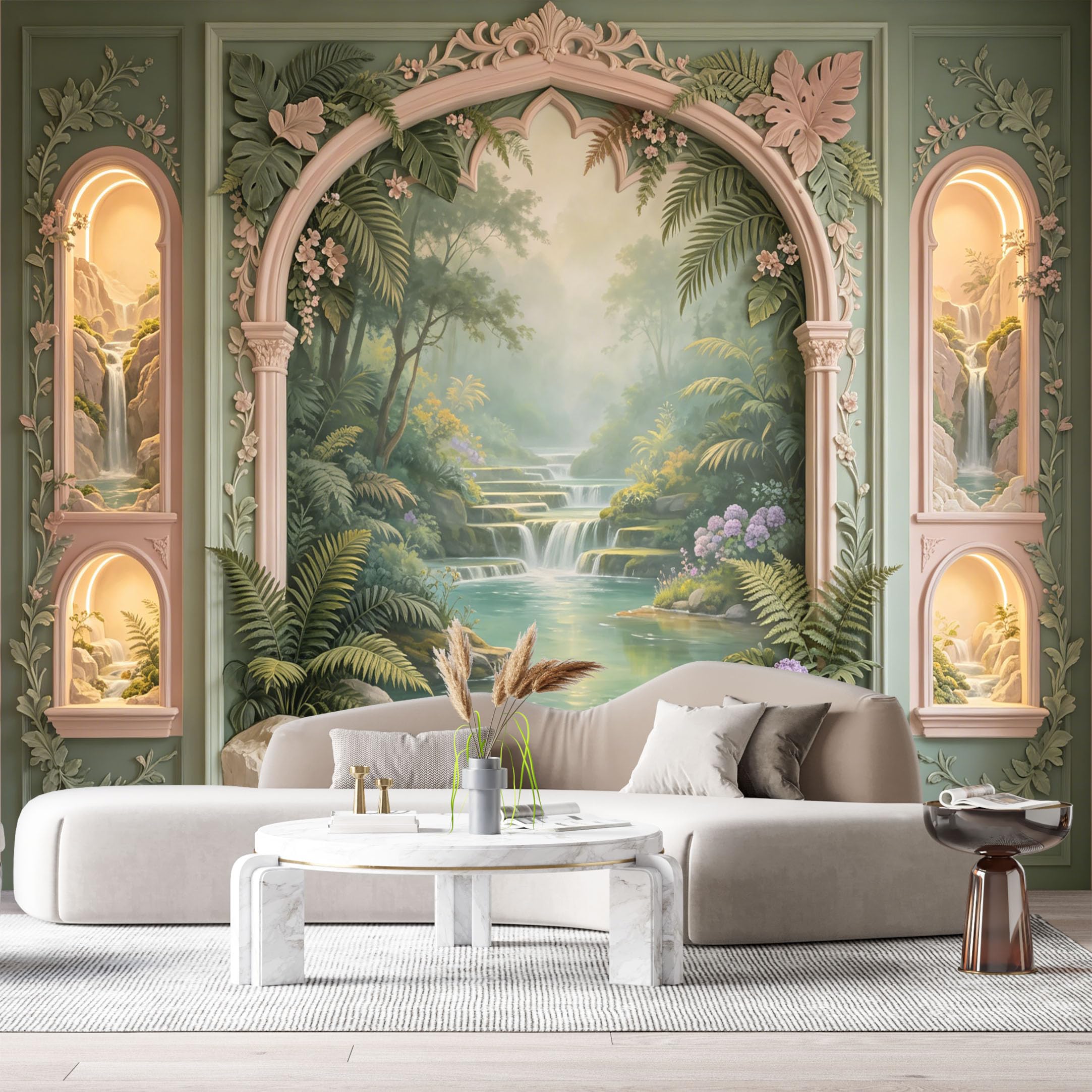 Custom Size Wall Murals Tropical Waterfall Botanical Archway 3D Trompe L'Oeil SelfAdhesiveWall Fabric Removable Wallpaper Wall Decor for Living Room Bedroom Bathroom