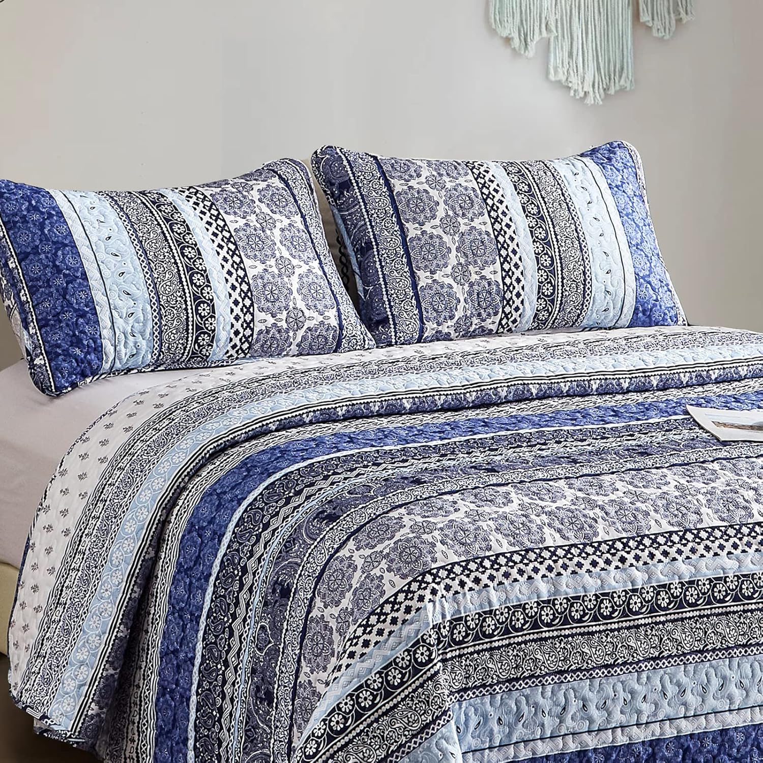 WONGS BEDDING Boho Quilt Set Queen Size, Blue Bohemian 3 Pieces Quilt Sets, Lightweight Bedspread Coverlet Bedding Set for All Season (96"x90") - Image 4