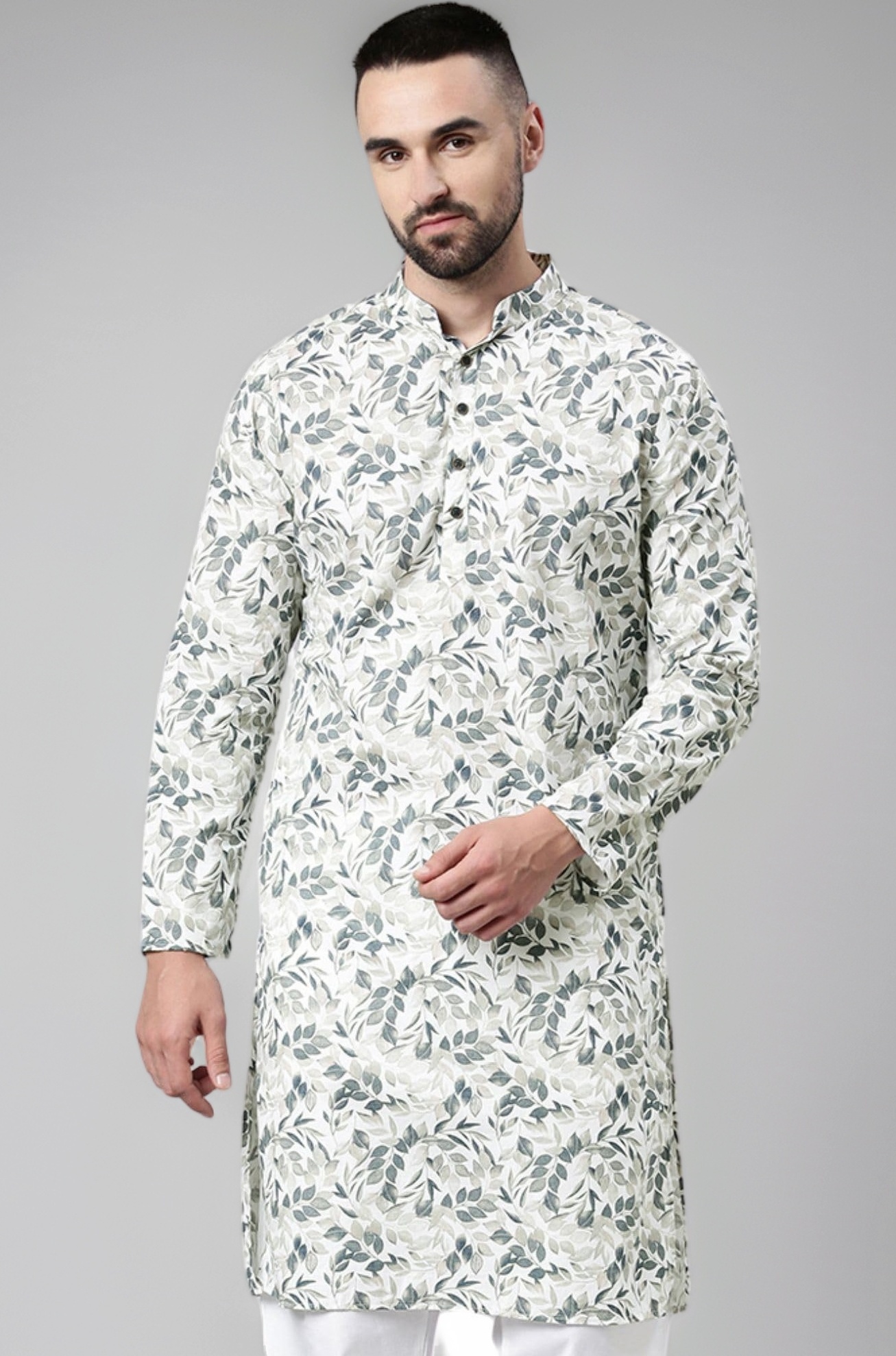 Majestic Man Men's Cotton Regular Fit Casual Mandarin Collar Ethnic Motifs Printed Long Regular Kurta