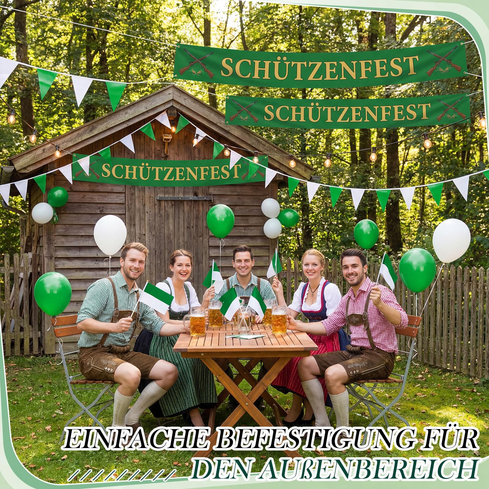 BBTO Schützenfest Dekoration Set 10 Meter Wimpelkette Grün Weiß 15 Stück Klein Schützenfest Flagge Reißfestem Polyester 30 Stück Ballon 2 Rollen Ballonband Wetterfest Deko für Outdoor