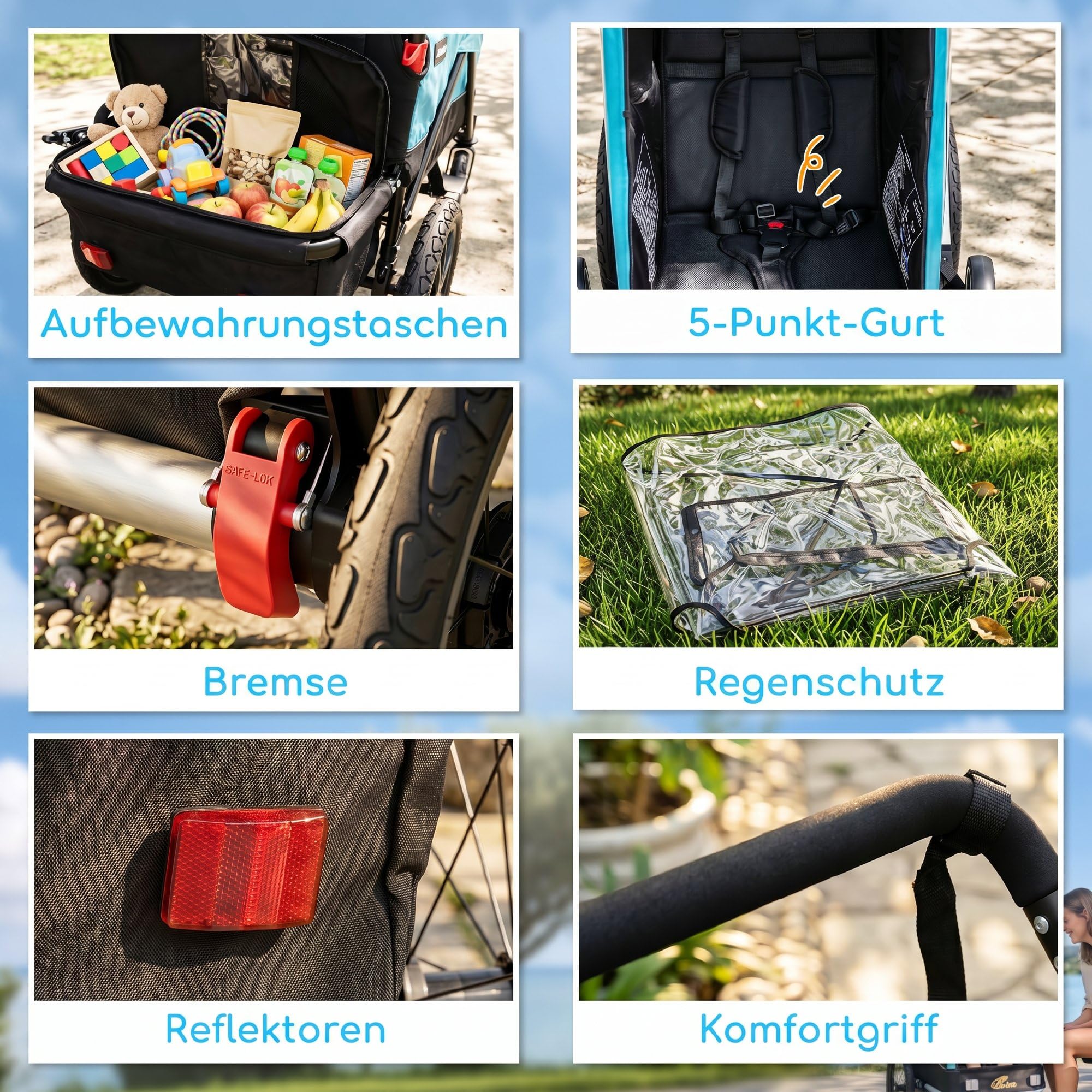 AIYAPLAY Remolque de bicicleta 2 en 1 y cochecito de 2 plazas, plegable, con correa de 5 puntos, bandera de seguridad, para niños a partir de 12 meses, máx. 18 kg