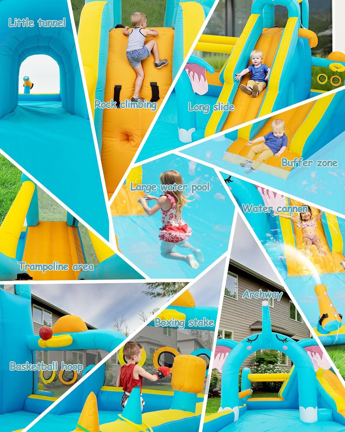 Inflatable Water Slide for Kids, Elephant Theme Water Park Backyard Summer with Large Pool &Long Slides, Inflatable Bounce House, Climbing Wall, 2 Water Cannon, 2 Water Spraying, 750W Air Blower