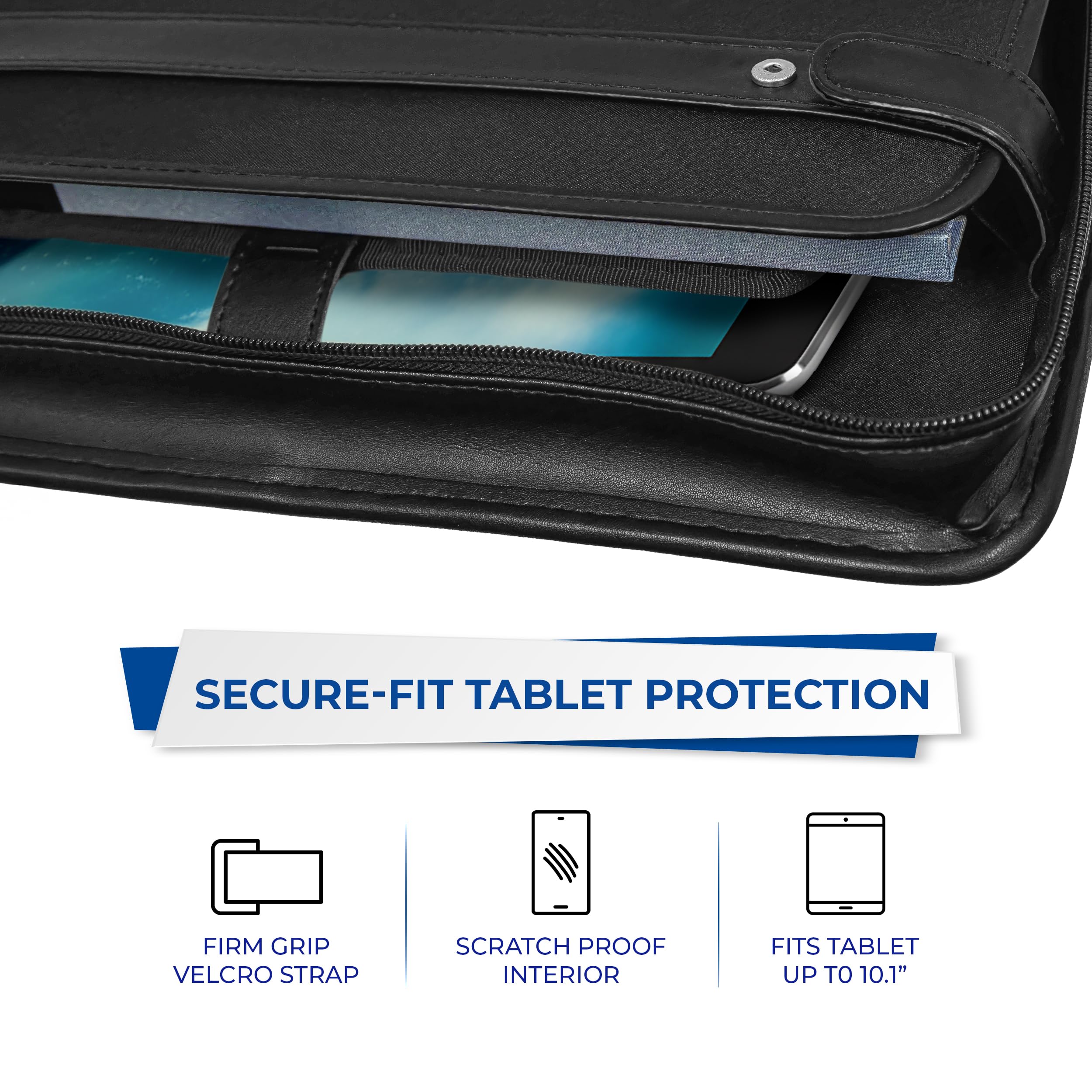 Samsill profesional funda de cartera con cierre de cremallera, tamaño de letra 2 asas, anillas extraíbles, retráctil, bloc de notas, interior Funda para Tablet 10.1 Pulgadas, Negro