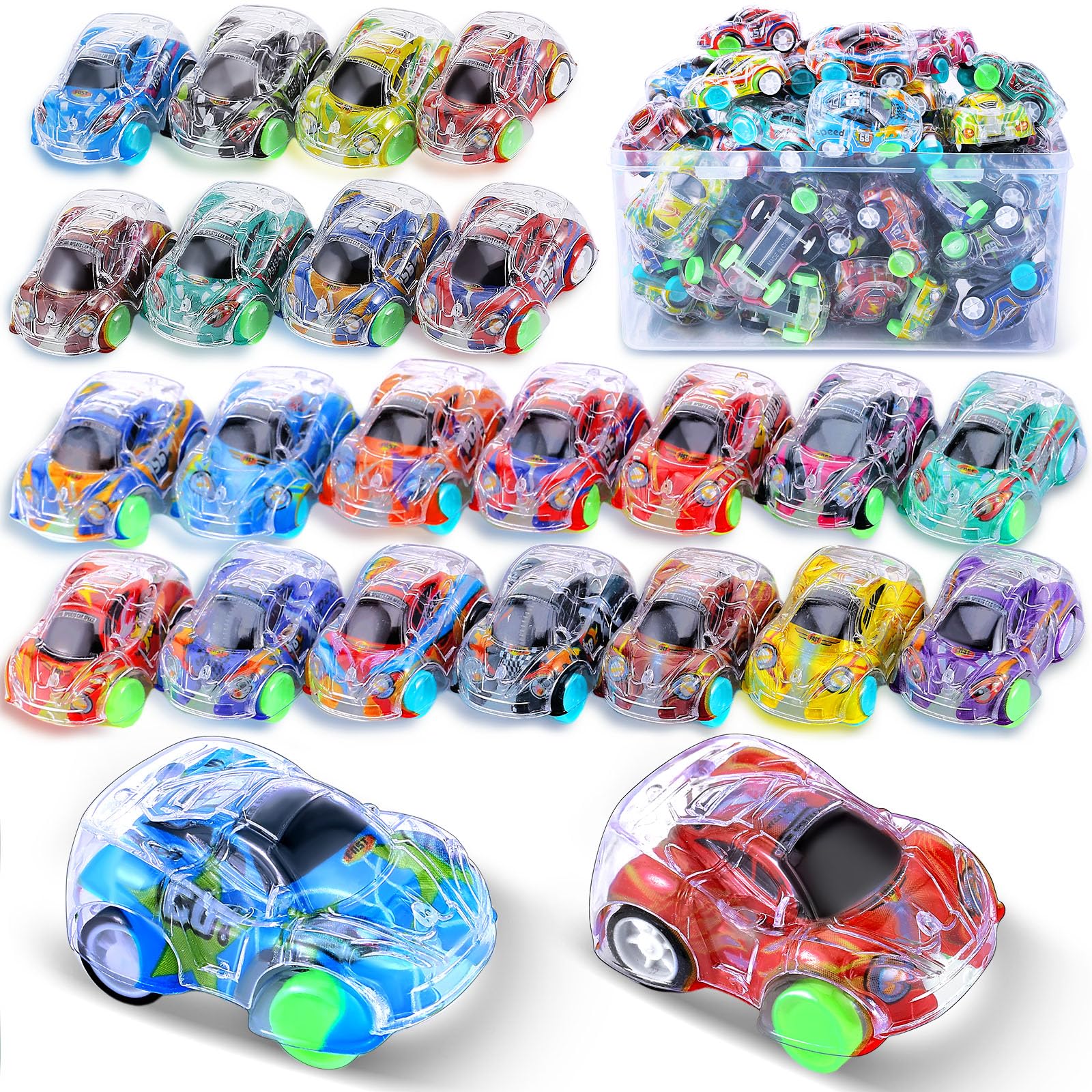 DERTE 45 Pieces Mini Pull Back Cars for Kids Racing Vehicles Toys Bulk with Storage Box Party Favor Supplies Classroom Prizes Treasure Box Toy Easter Fillers for Boys Girls Toddlers