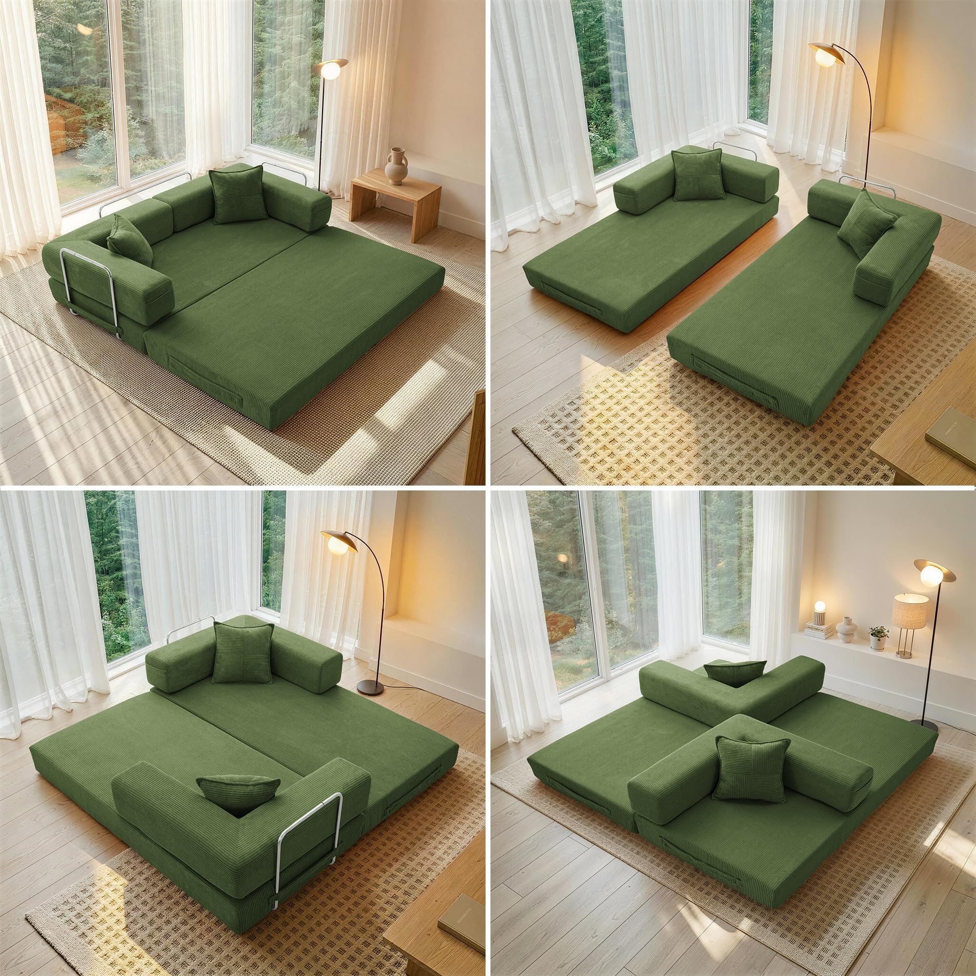 YINIX Divano Letto Pieghevole 200cm Super King, Divano Modulare Futon Boneless, Velluto a Coste con Telaio in Metallo, Materasso da Terra 3 Posti, Base Antiscivolo, Rivestimento Lavabile