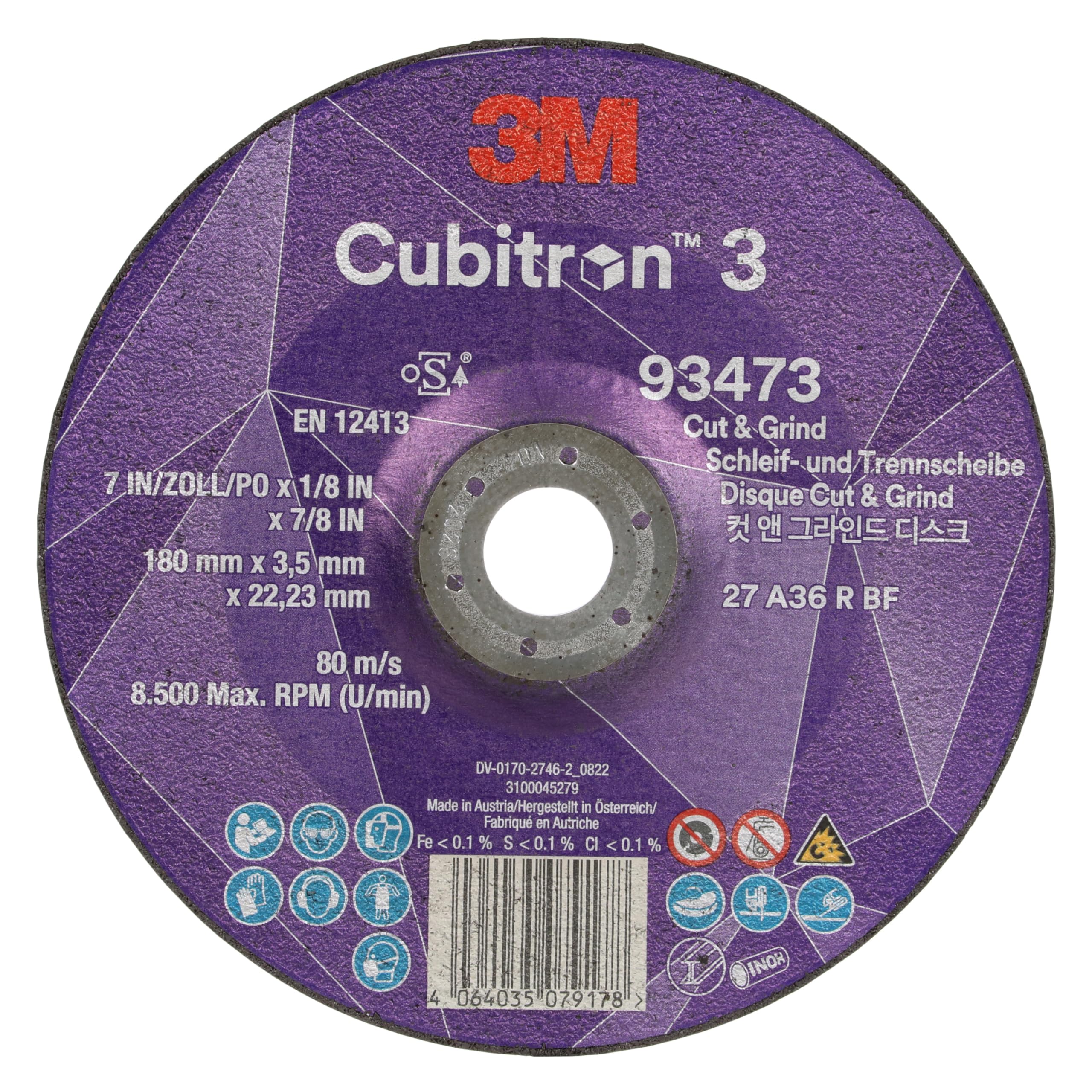 3M Cubitron 3 Disco de Corte y Desbaste, 93473, 36+, T27, EN | 180 mm x 3.5 mm x 22.23 mm, Paquete de 10 Unidades