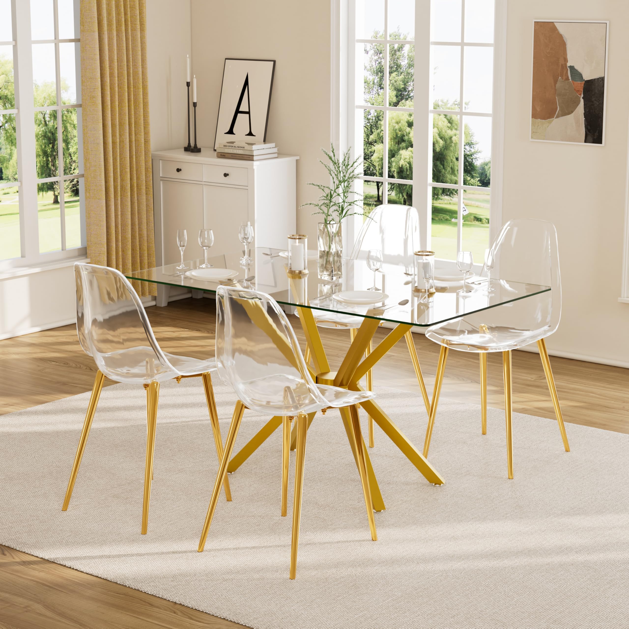 Baysitone 5 Piece Glass Dining Table Set, 47" Kitchen Table and Clear Dining Chairs for 4, Modern Room Sets for Home, Kitchen, Living Room(Gold)