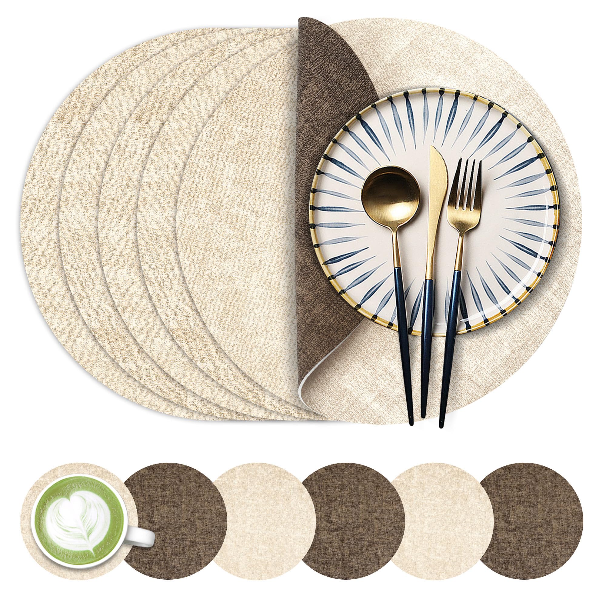 Photo 1 of 13-Inch Faux Leather Round Placemats Set of 6, Waterproof Anti-Slip Dual Sided Place mats, Heat Resistant Washable Table Mats with Coaster, Suitable for Indoor & Outdoor (6, Beige Dark Coffee)