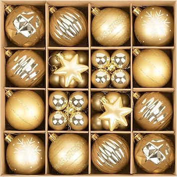 42ct Gold Christmas Balls Ornaments, Shatterproof Christmas Hanging Ornament Set, Sparkling Splendor Christmas Decorations for Xmas Tree, Centerpiece, Table Decoration