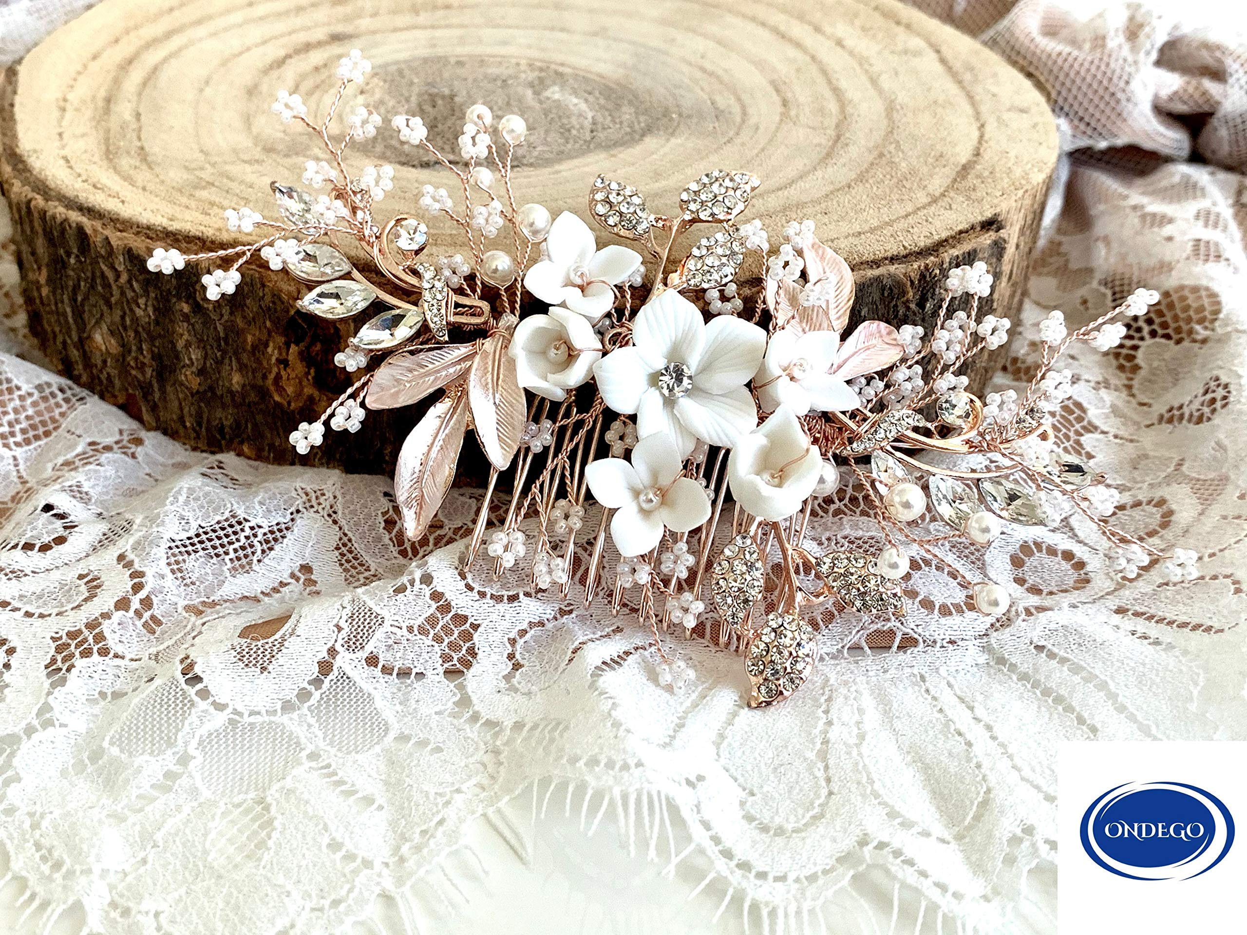 Rosegold Brauthaarschmuck Haarkamm – Handgefertigter 3D Blumen Haarschmuck mit Perlen & Strass – Leichter Haarkamm für Hochzeit Brautfrisur Festliche Anlässe