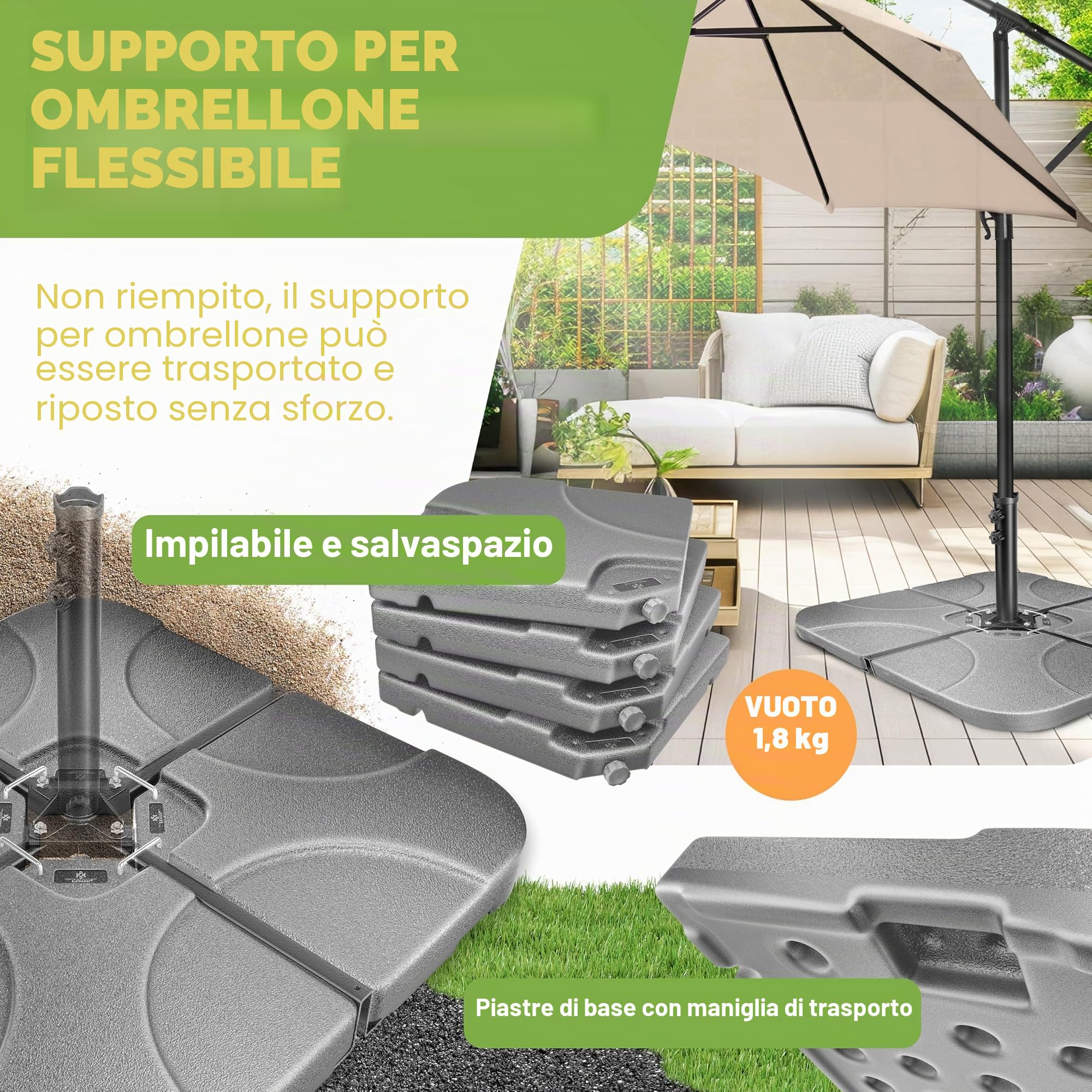 KESSER® Supporto per ombrellone Peso per ombrellone in 4 Parti Supporto per ombrellone per ombrellone a sbalzo Croce a Terra 60 Litri / 80 kg può Essere Riempito con Acqua o Sabbia