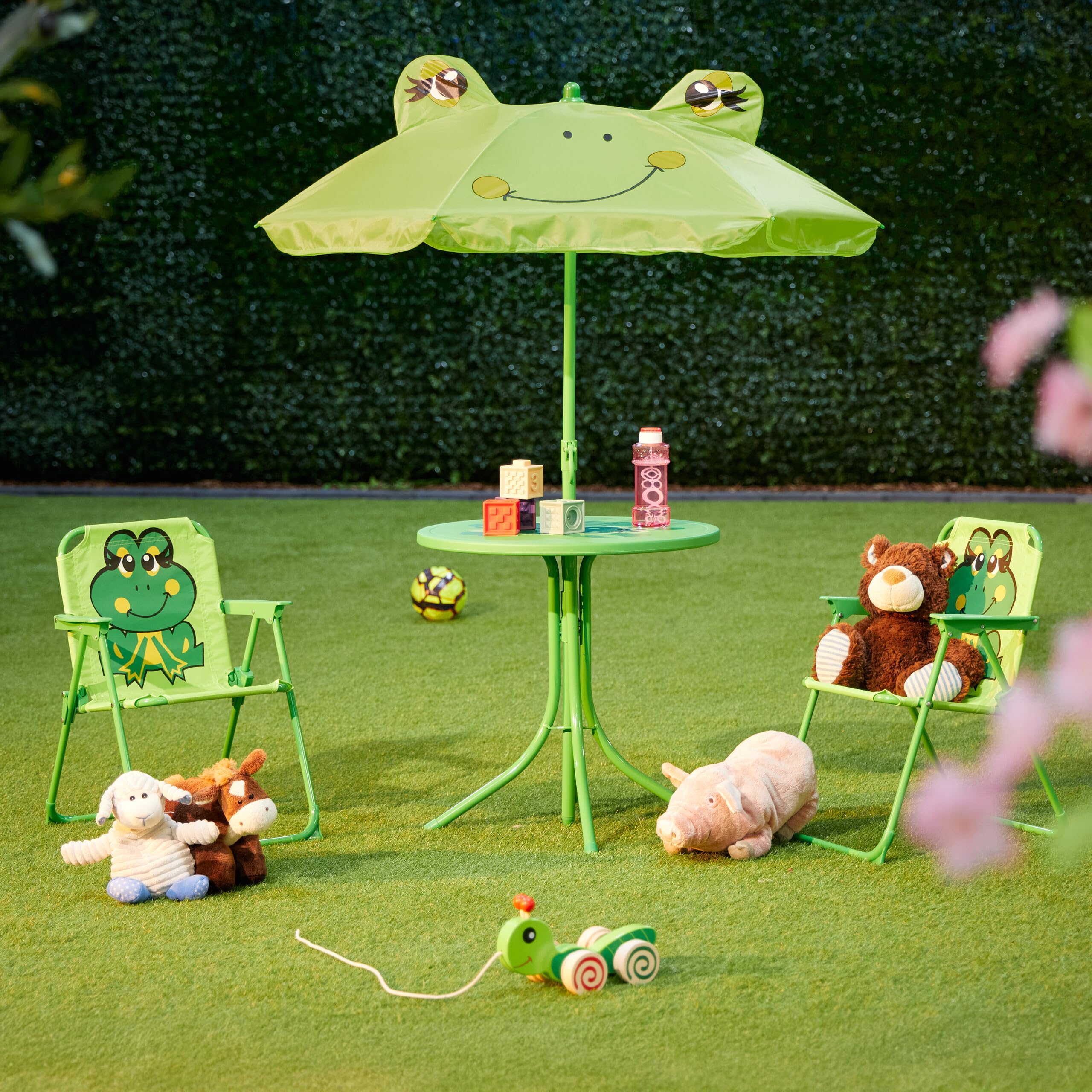 Relaxdays Tavolo Bambini con Ombrellone, Set 2 con Sedie, da Campeggio e Giardino, Tavolino Picnic, Design Rana, Verde