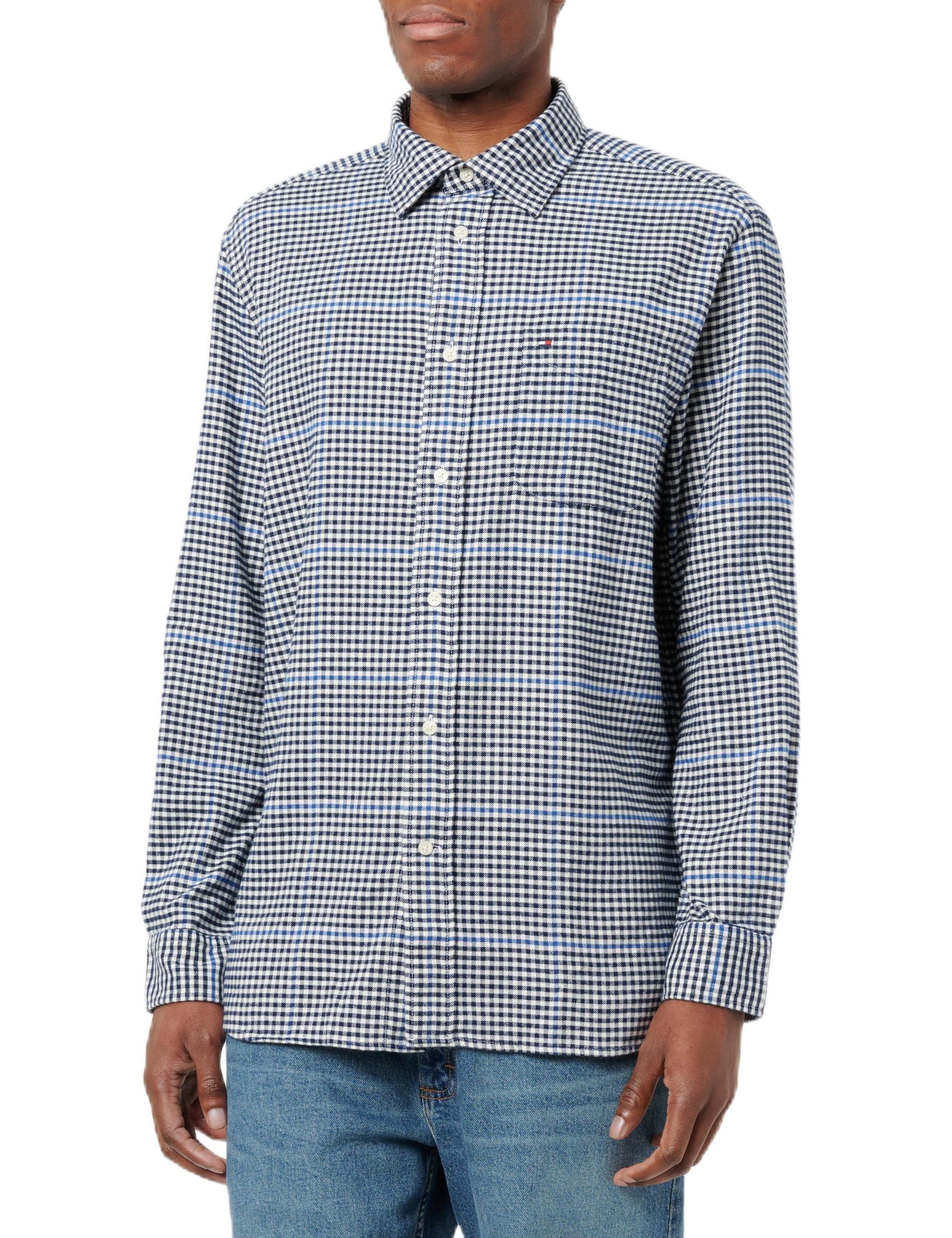 Tommy Hilfiger Camiseta de Manga Larga Hombre Brushed Gingham Overcheck Shirt con Bolsillo en el Pecho