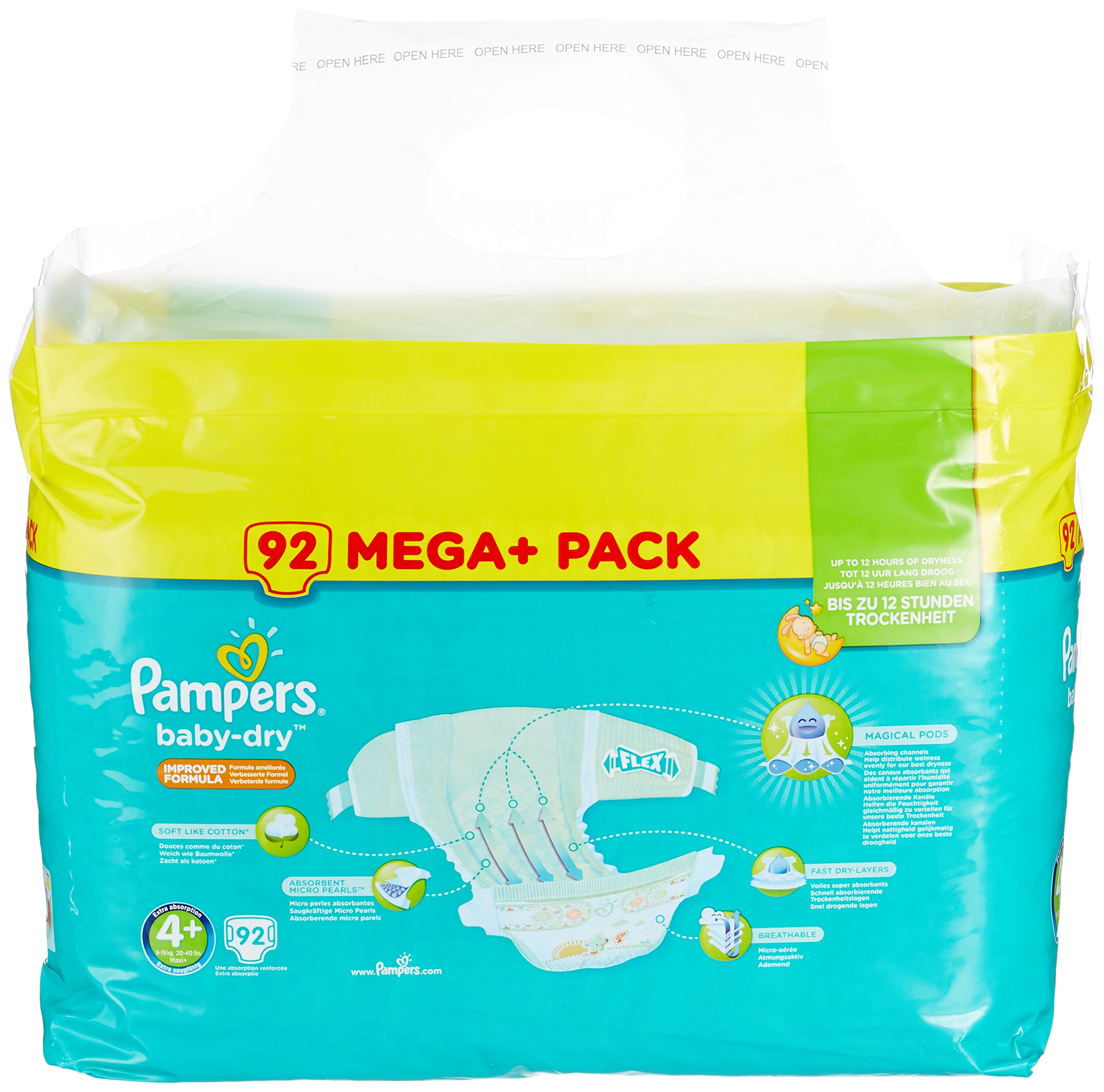 Pampers Baby-Dry pieluchy rozmiar 4+ (10-15 kg), kanały powietrzne zapewniające oddychającą suchość przez całą noc, bardzo chłonne, Mega Plus, 1 opakowanie (1 x 92 sztuki)